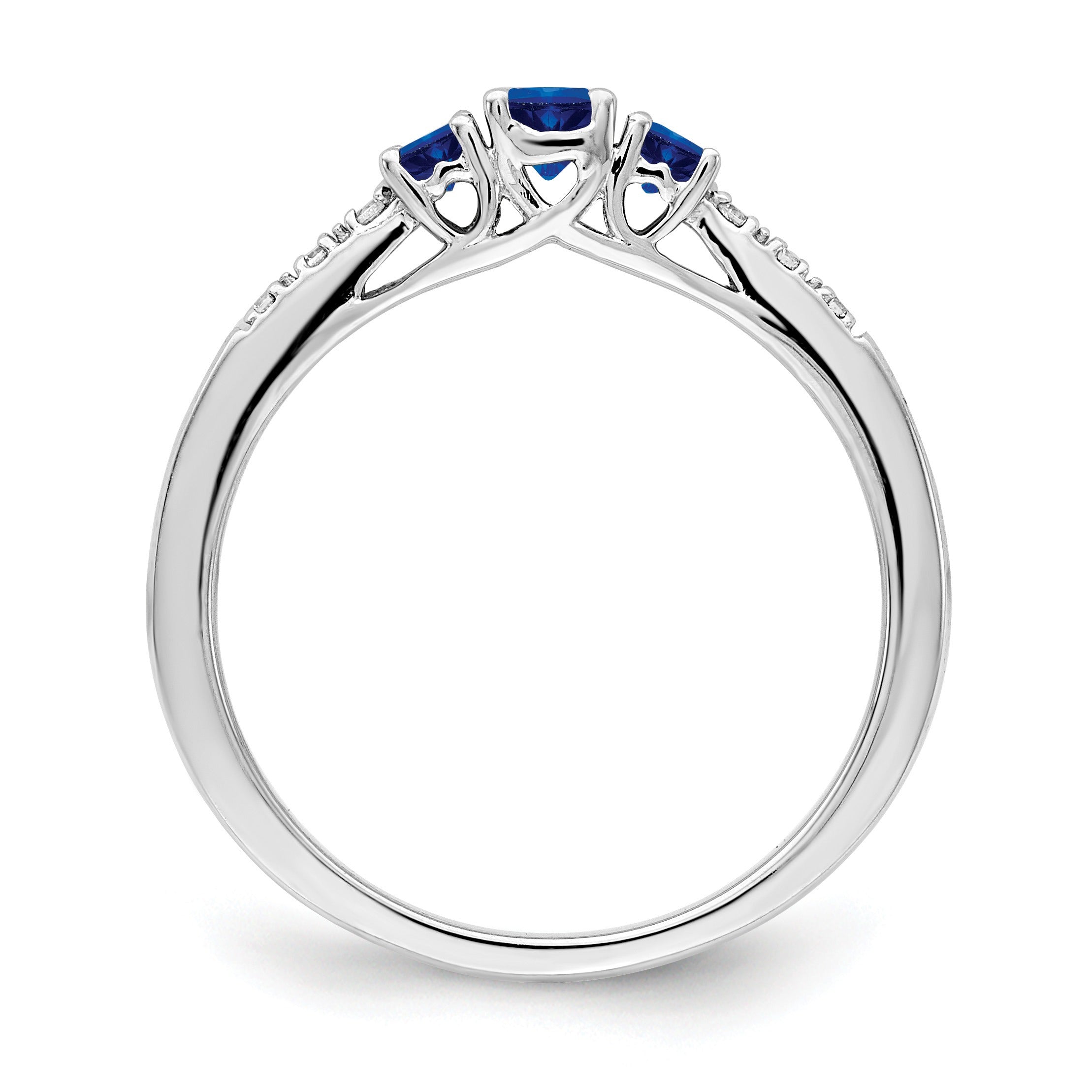 0.34 Ct Round Blue Sapphire and Diamond Prong 14k White Gold Three stone Ring