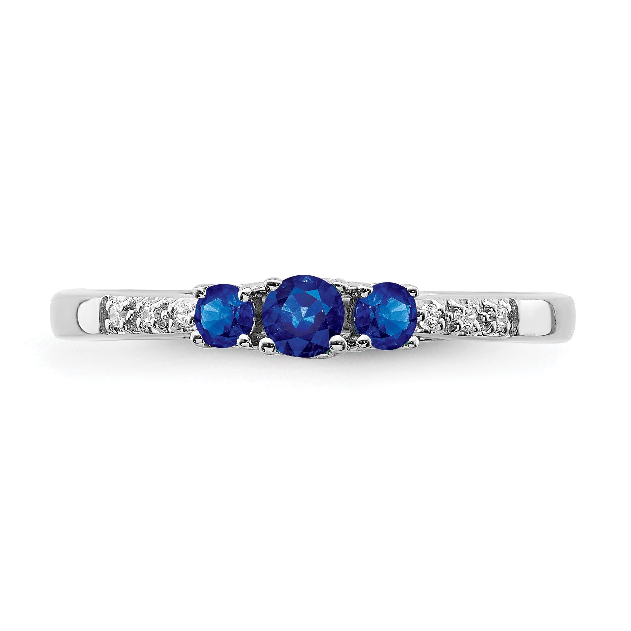 0.34 Ct Round Blue Sapphire and Diamond Prong 14k White Gold Three stone Ring