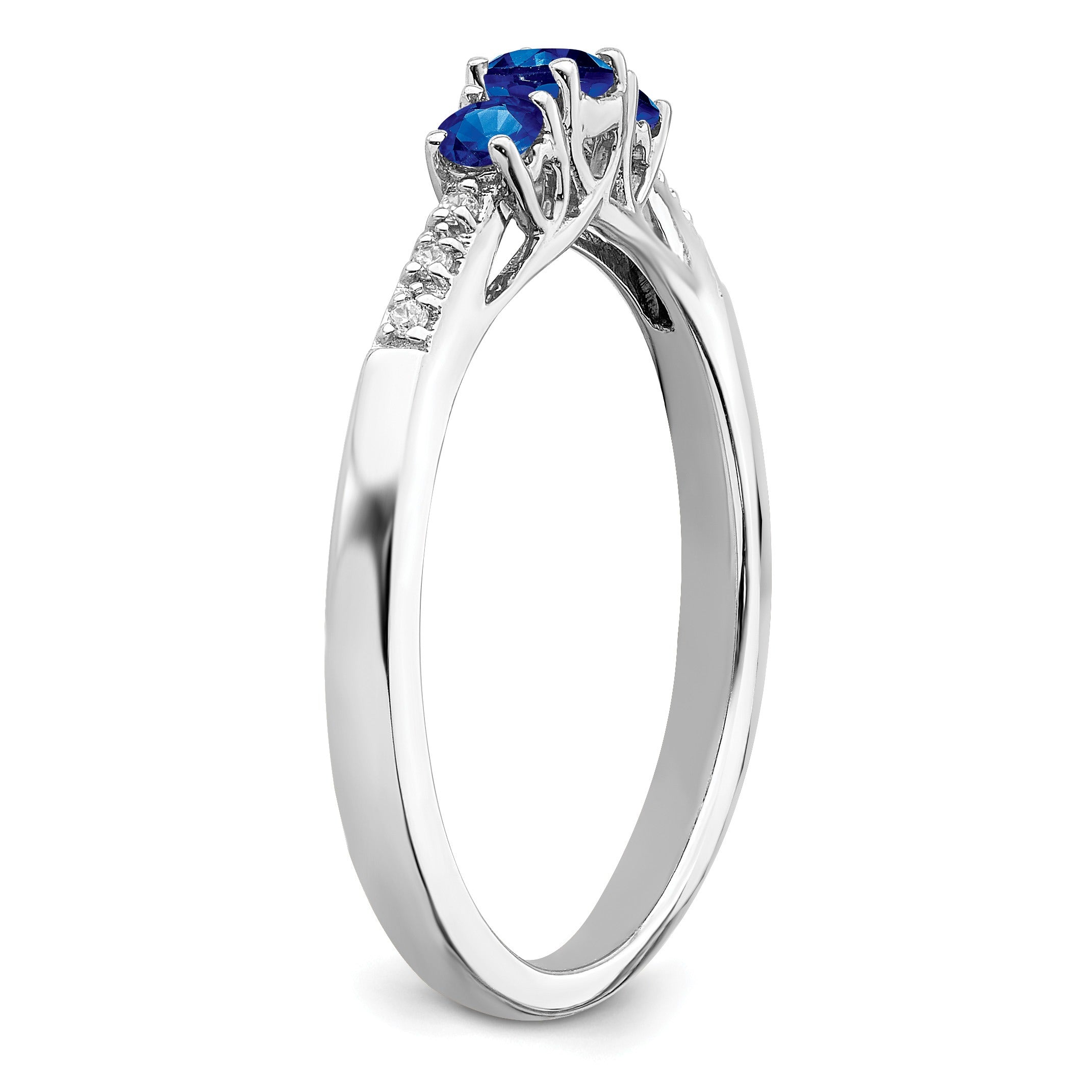0.34 Ct Round Blue Sapphire and Diamond Prong 14k White Gold Three stone Ring