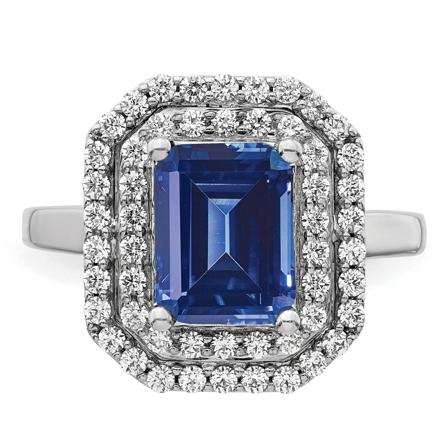 Emerald Cut Lab Created Blue Sapphire and Diamond 14K White Gold Double Halo Ring