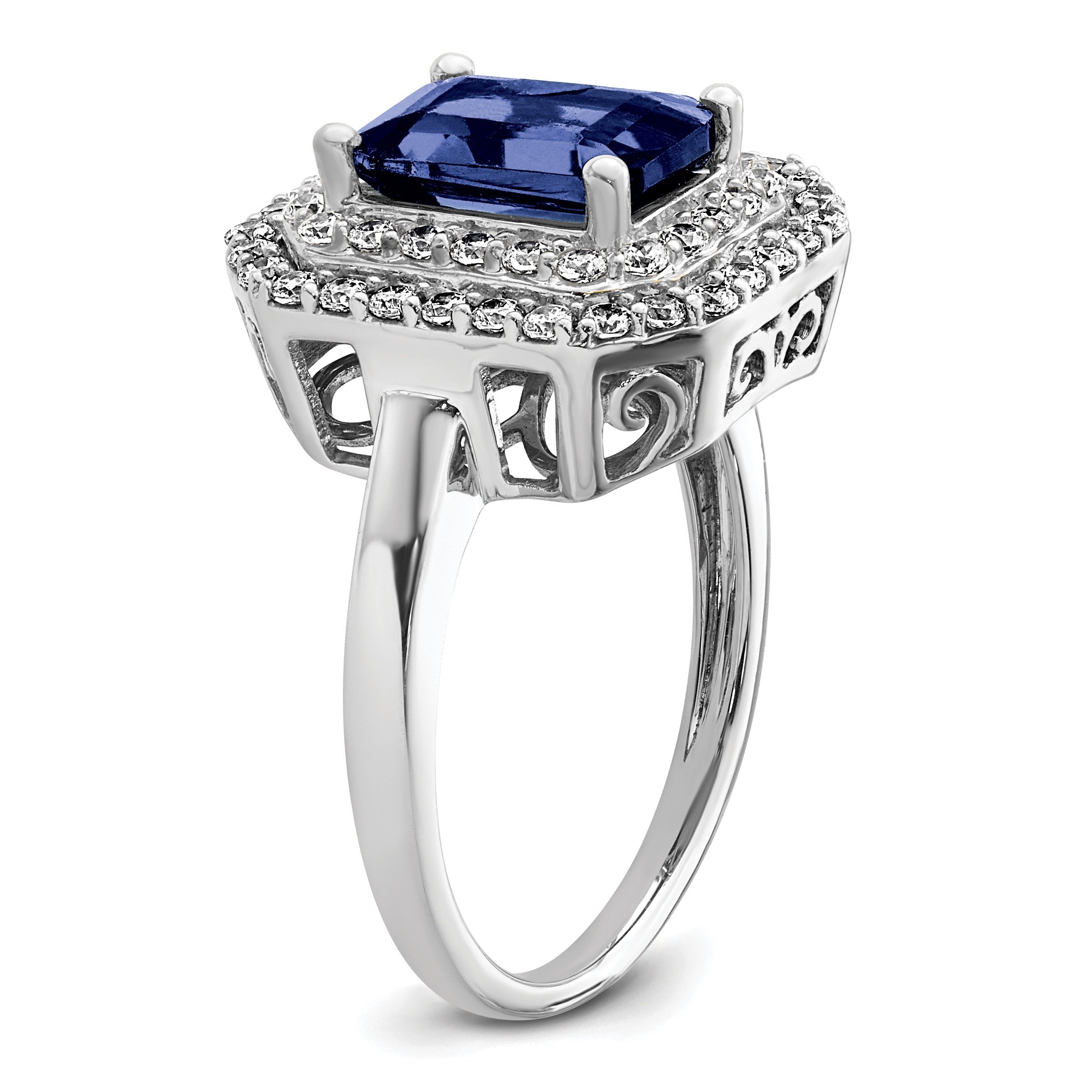 Emerald Cut Lab Created Blue Sapphire and Diamond 14K White Gold Double Halo Ring