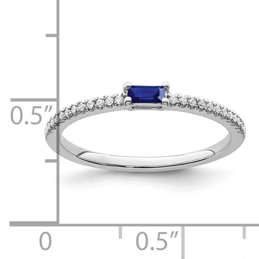 Baguette Blue Sapphire and Diamond Prong 14K White Gold Pave Classic Ring