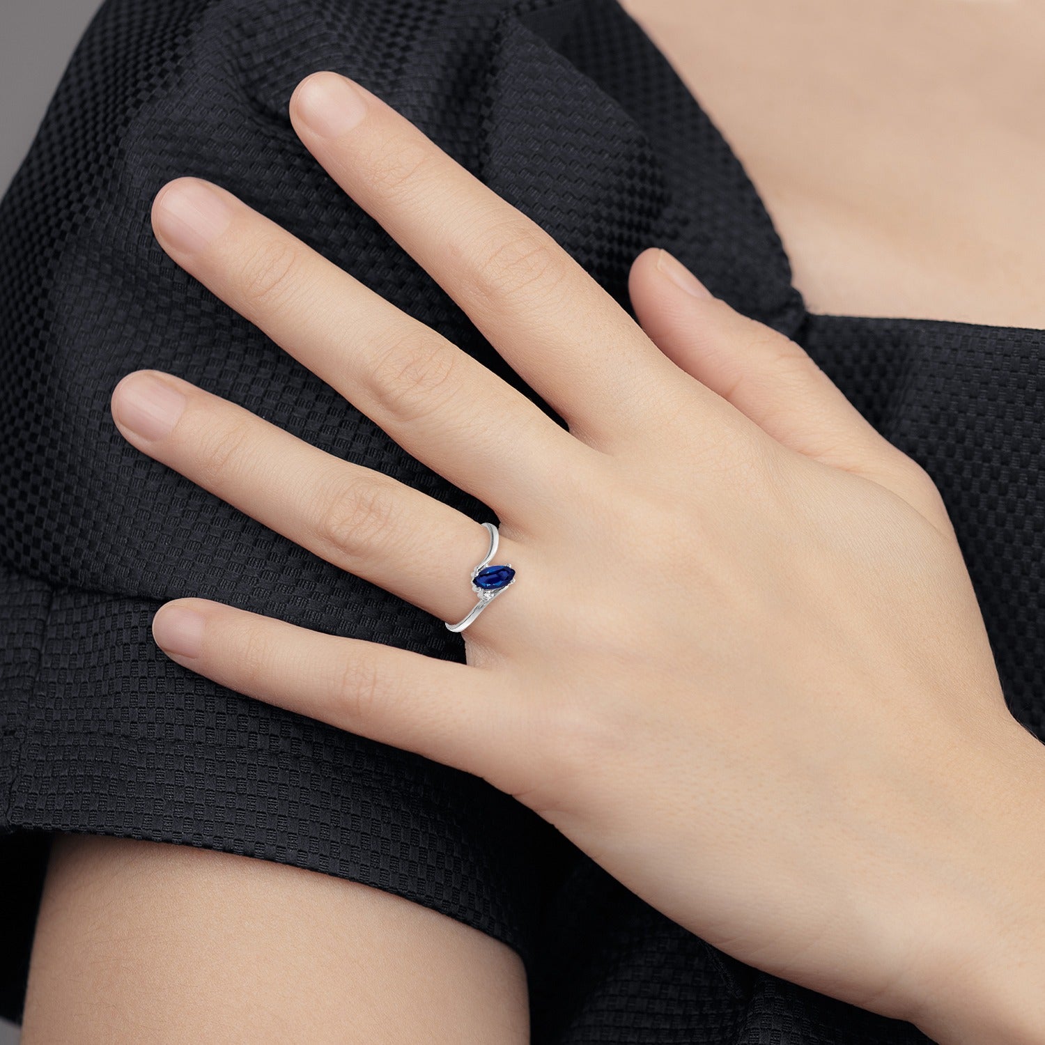 0.5 Ct Marquise Blue Sapphire and Diamond Prong 14K White Gold Bypass Ring