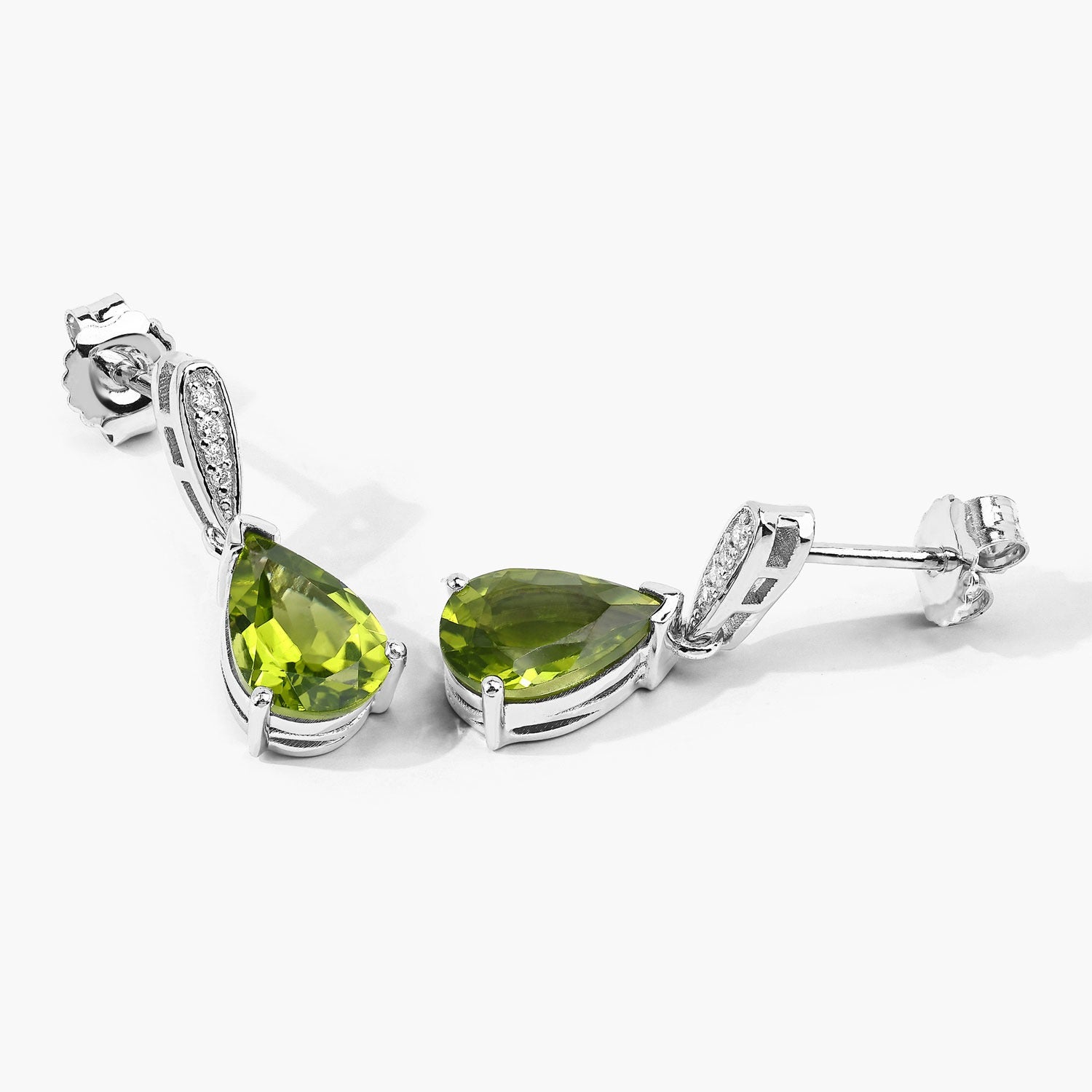 Genuine Green Peridot and Lab Grown Diamond Silver Earrings