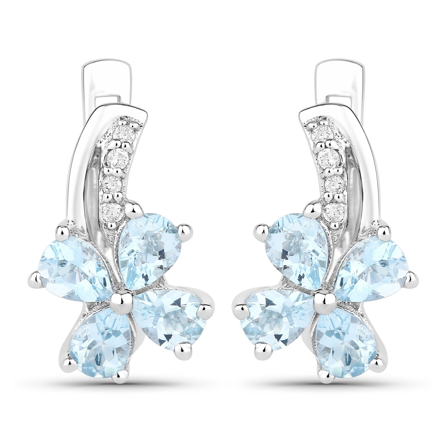 Genuine Blue Aquamarine Lab Diamond Silver Floral Earrings