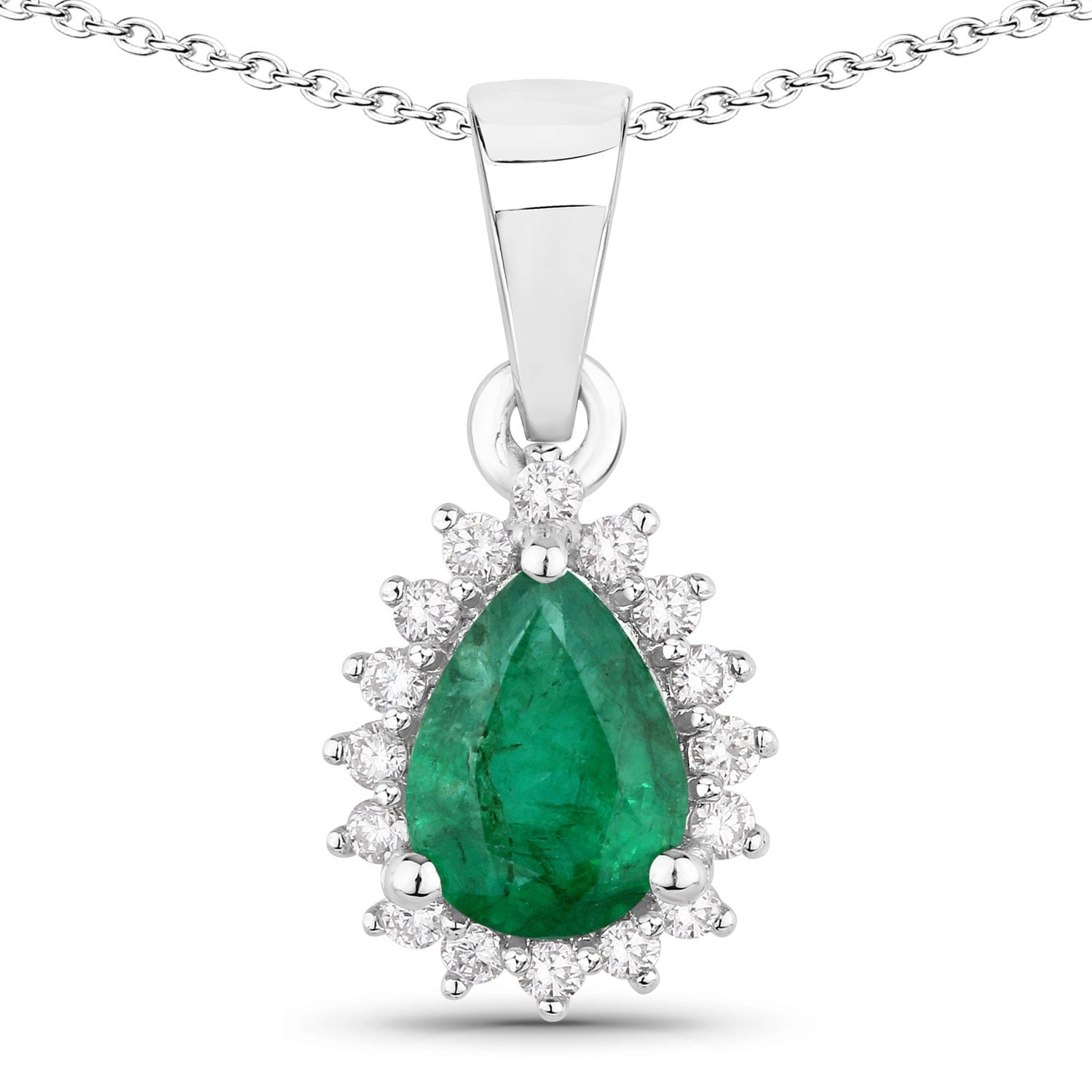 Genuine Zambian Emerald and Lab Grown Diamond 925 Silver Halo Necklace Fine Color Jewels