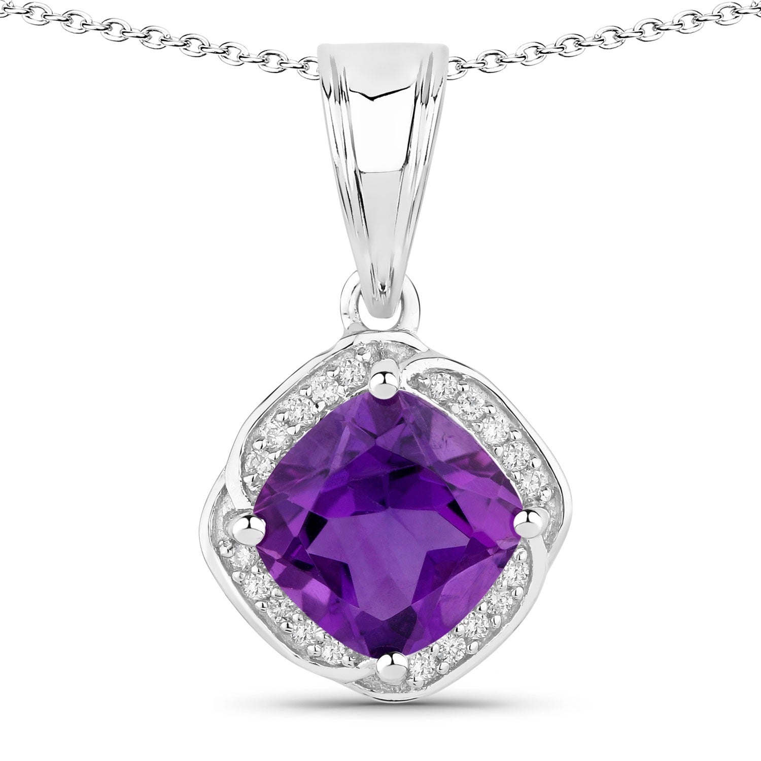 Genuine Amethyst and Lab Grown Diamond 925 Silver Cushion Necklace Fine Color Jewels