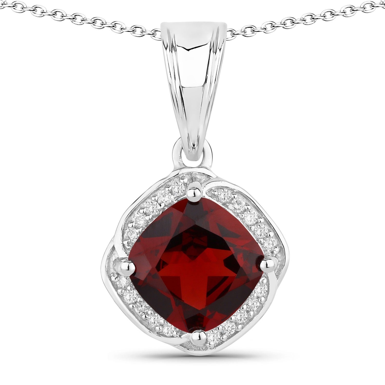 Genuine Red Garnet and Lab Diamond 925 Silver Necklace Fine Color Jewels