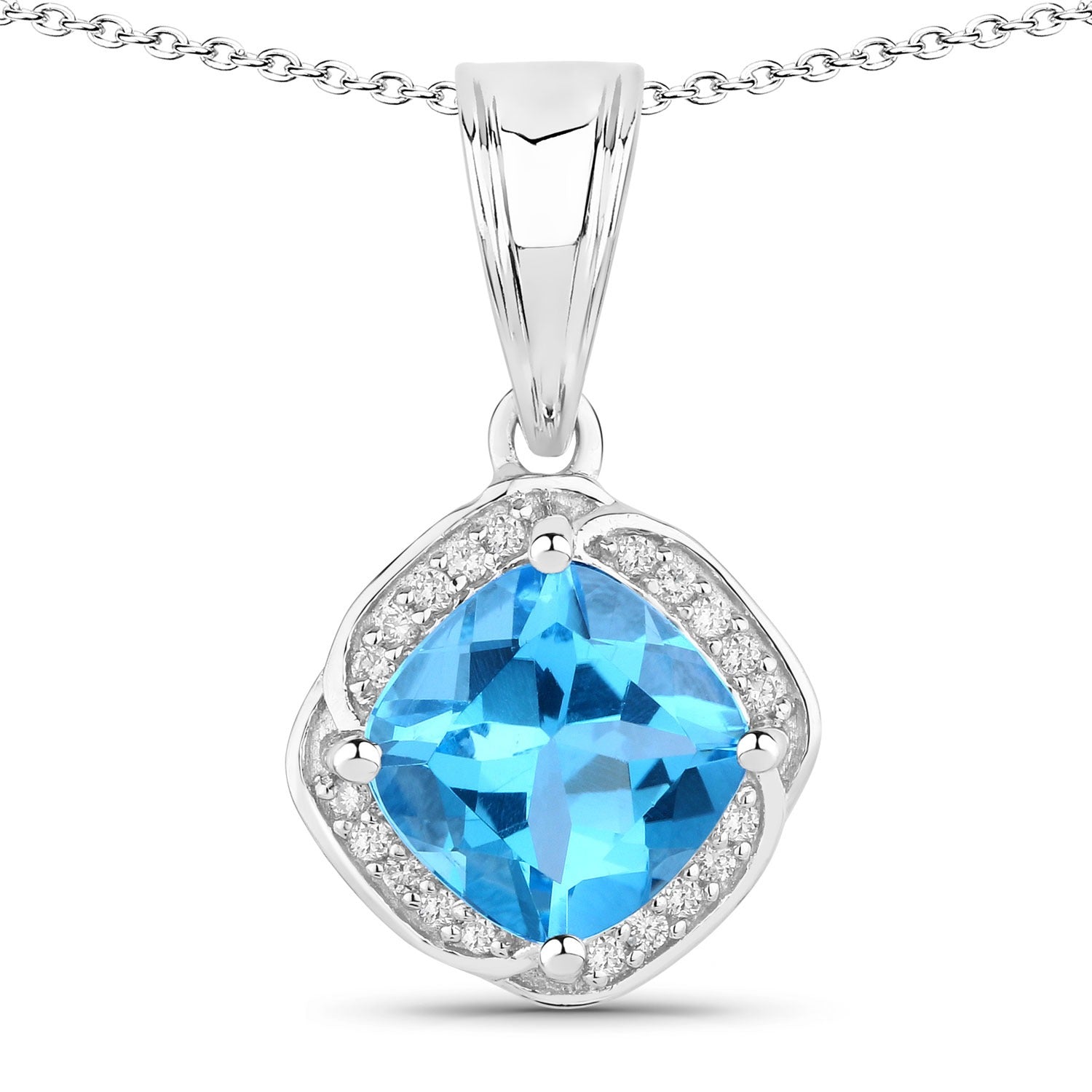 Genuine Swiss Blue Topaz and Lab Diamond 925 Silver Necklace Fine Color Jewels