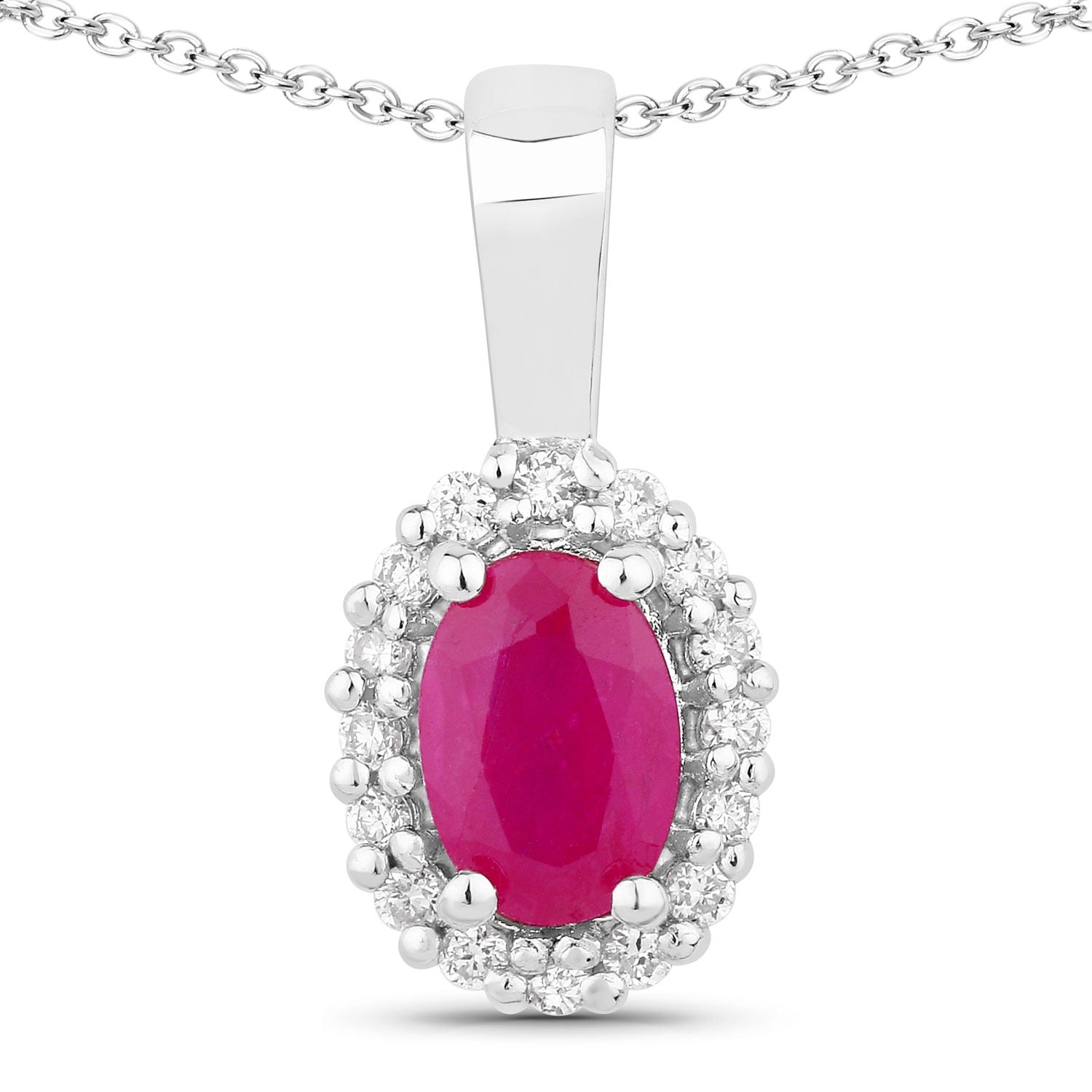 0.62 Ct Genuine Mozambique Ruby and Lab Diamond Silver Halo Necklace