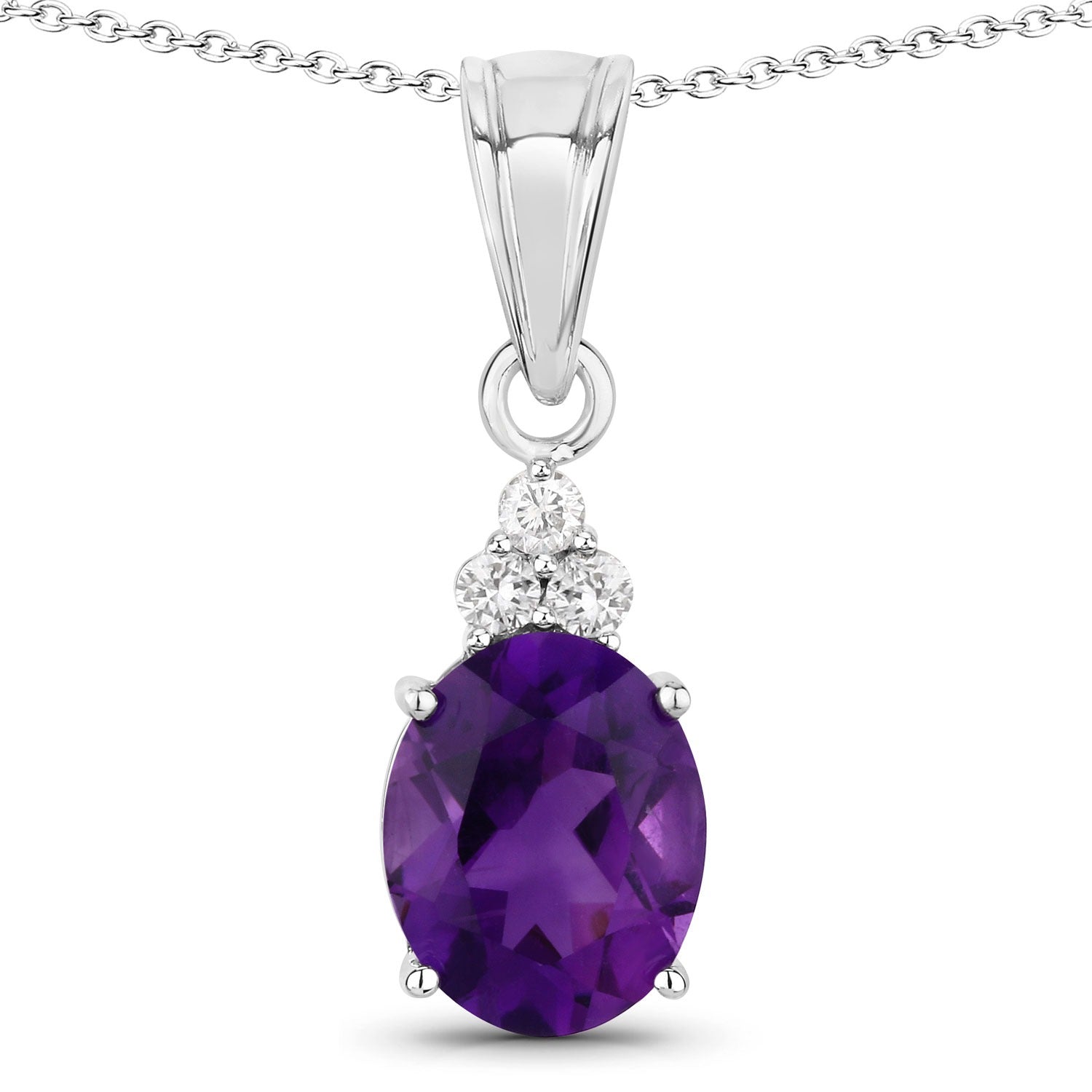 2.32 Ct Genuine Amethyst and Lab Grown Diamond Silver Oval Necklace