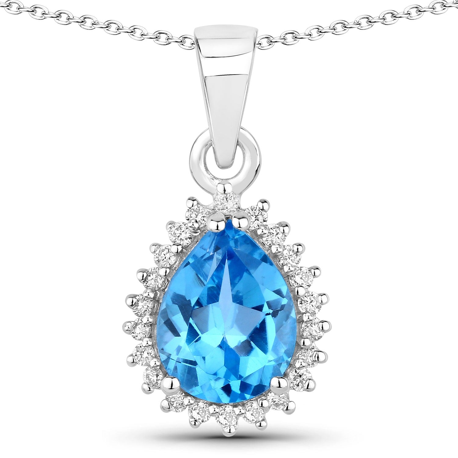 2.07 Ct Genuine Swiss Blue Topaz and Lab Diamond Silver Pear Necklace