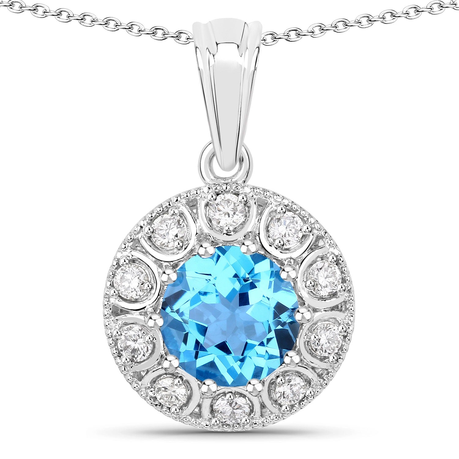 2.60 Ct Genuine Swiss Blue Topaz and Lab Diamond Silver Halo Necklace