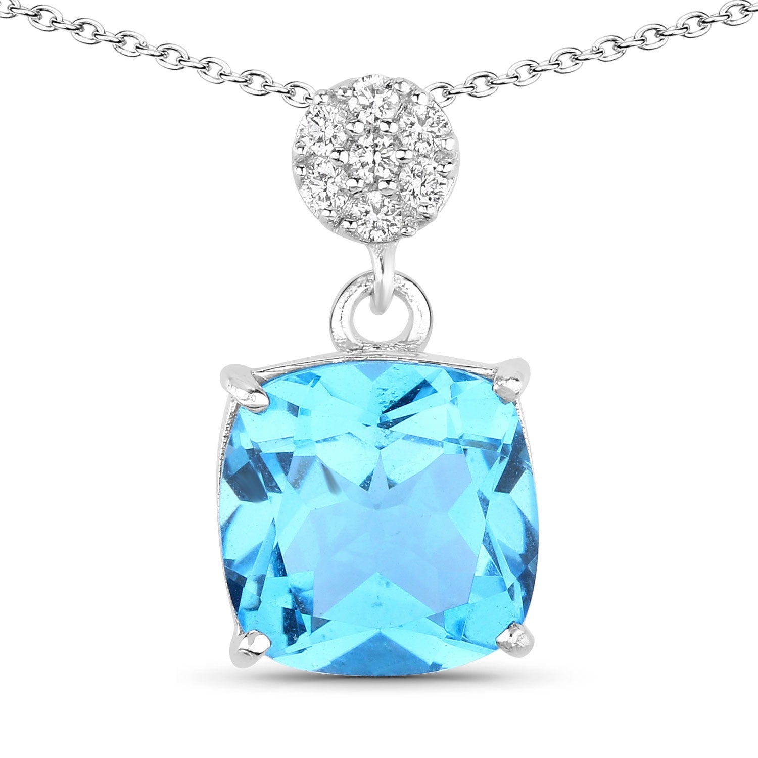 3.47 Ct Genuine Swiss Blue Topaz and Lab Diamond Silver Cushion Necklace