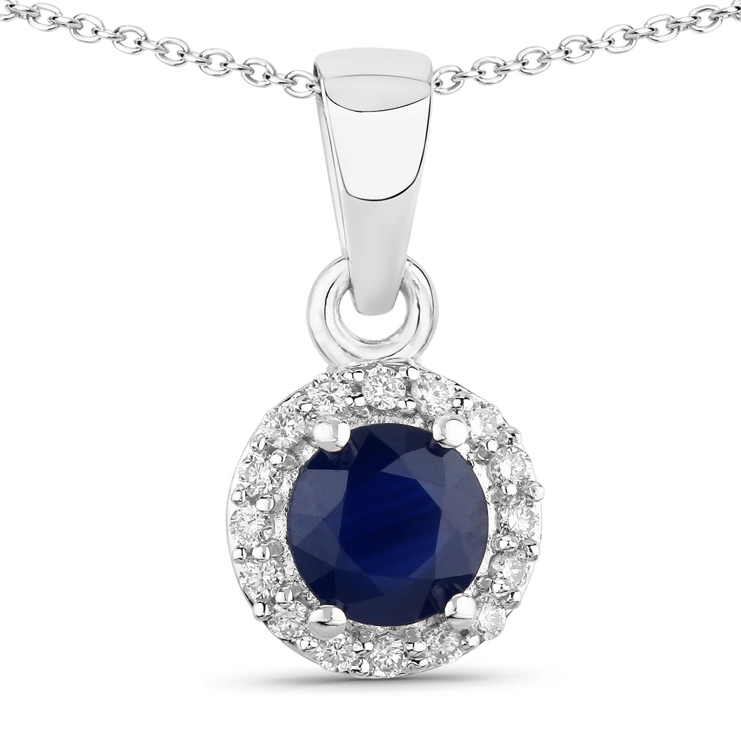 0.75 Ct Genuine Blue Sapphire and Lab Diamond Silver Round Necklace