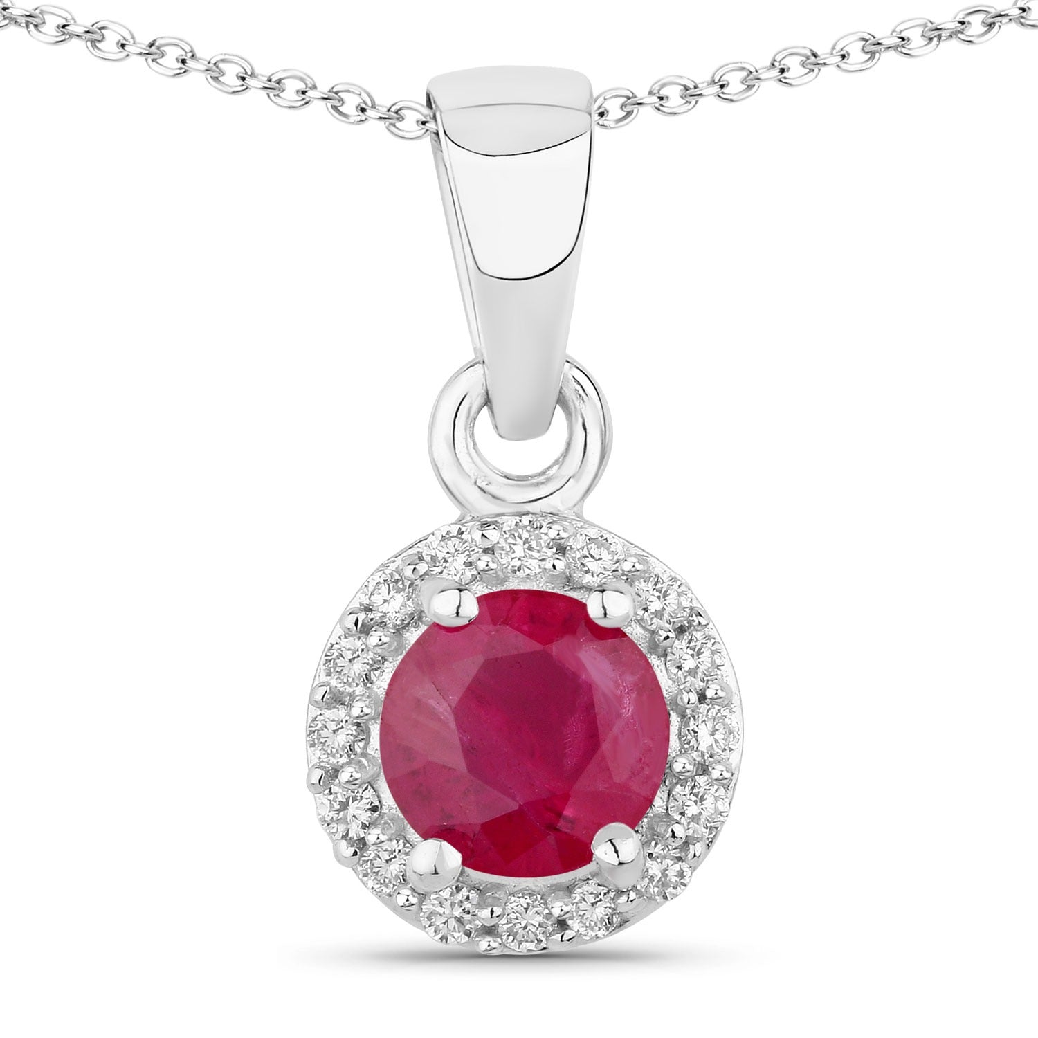0.65 Ct Genuine Mozambique Ruby and Lab Diamond Silver Round Necklace