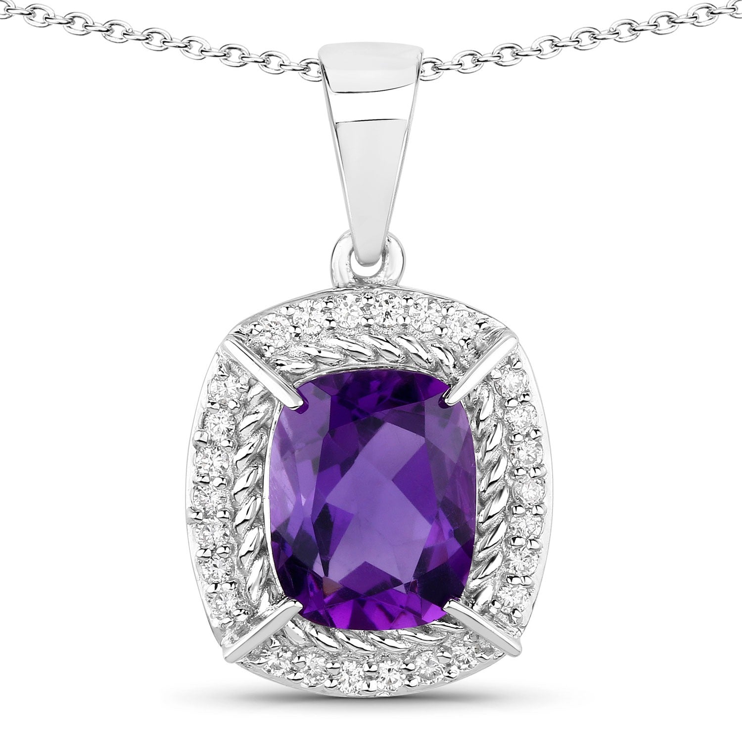 2.86 Ct Genuine Purple Amethyst and Lab Diamond  Silver Halo Necklace