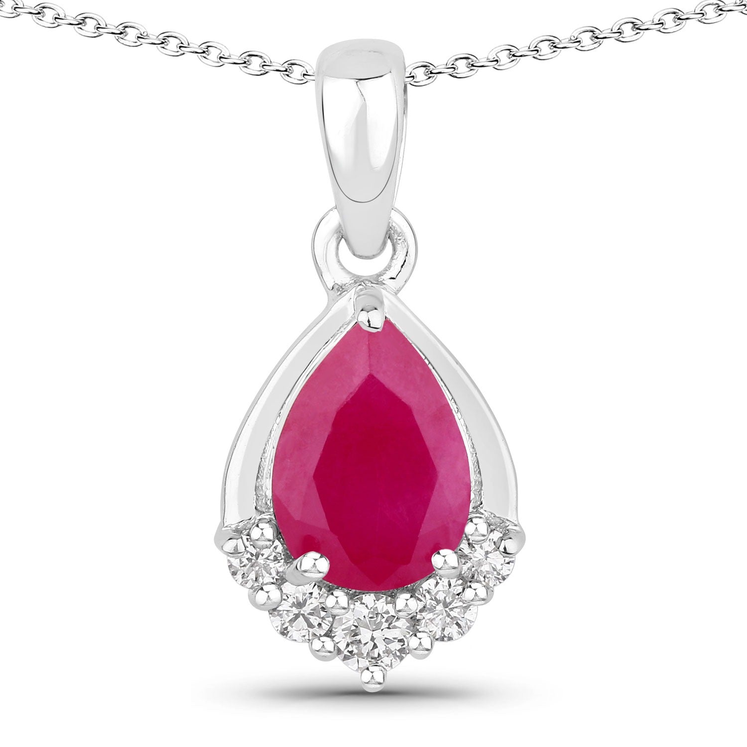 0.90 Ct Genuine Pear Shaped Mozambique Ruby and Lab Grown Diamond Silver Necklace
