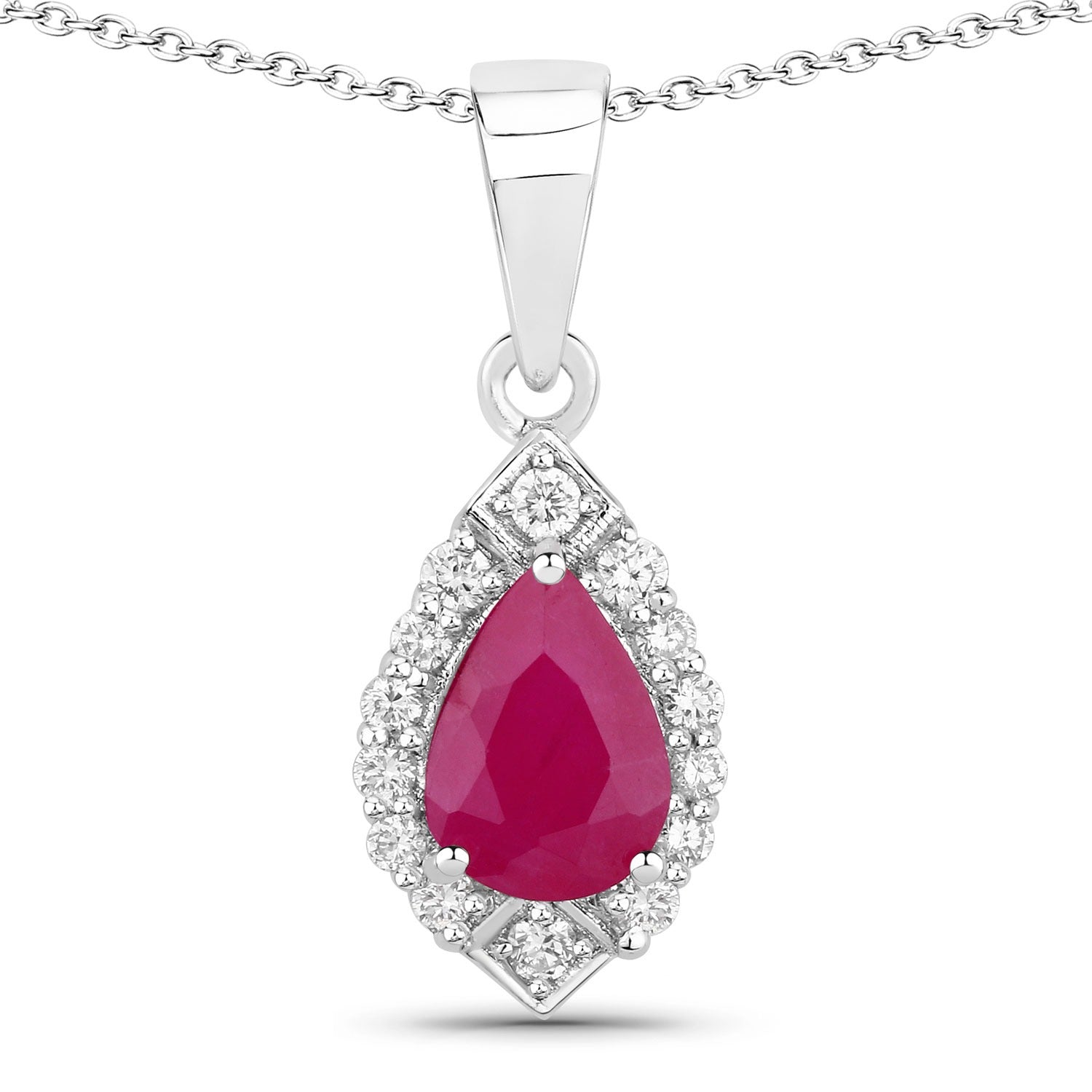 0.97 Ct Genuine Mozambique Ruby and Lab Diamond Silver Teardrop Necklace