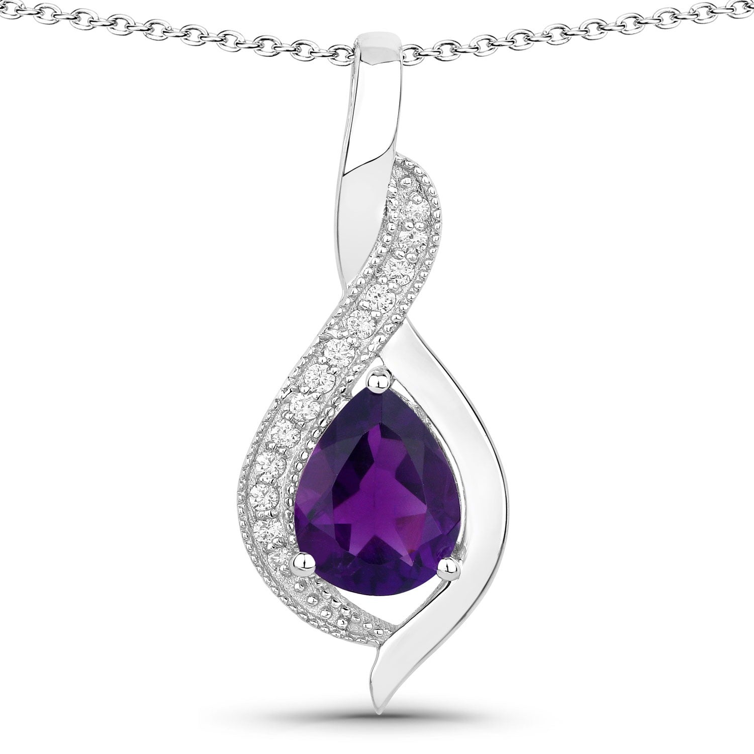 1.52 Ct Genuine Amethyst and Lab Diamond Silver Teardrop Necklace
