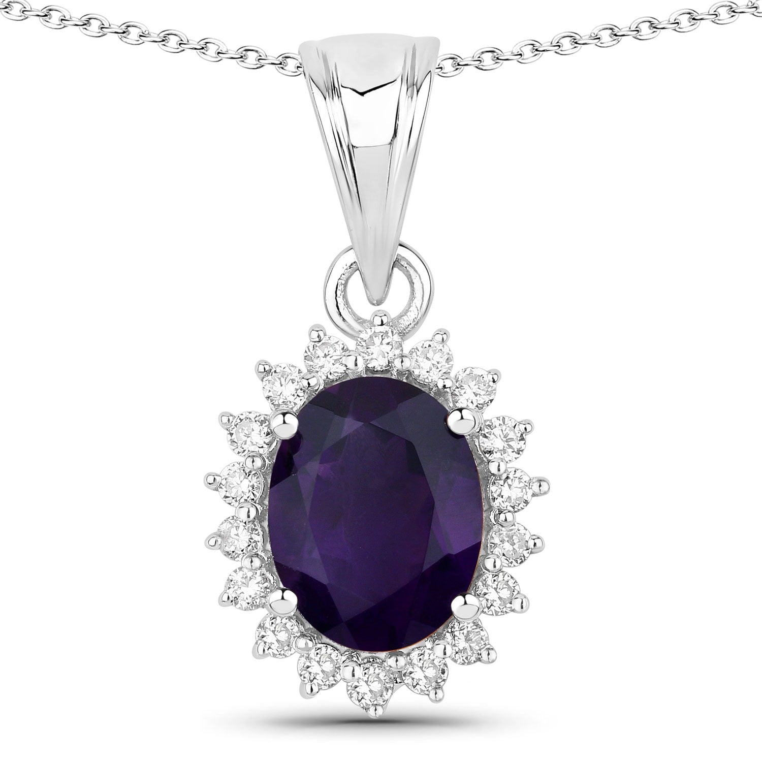 1.87 Ct Genuine Amethyst and Lab Grown Diamond Silver Halo Necklace