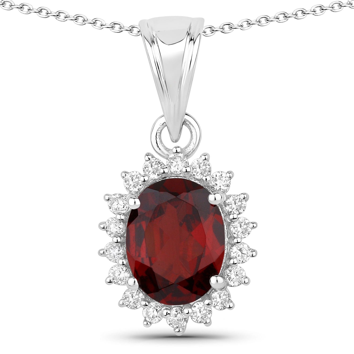 2.27 Carat Genuine Mozambique Garnet and Lab Diamond Silver Halo Necklace