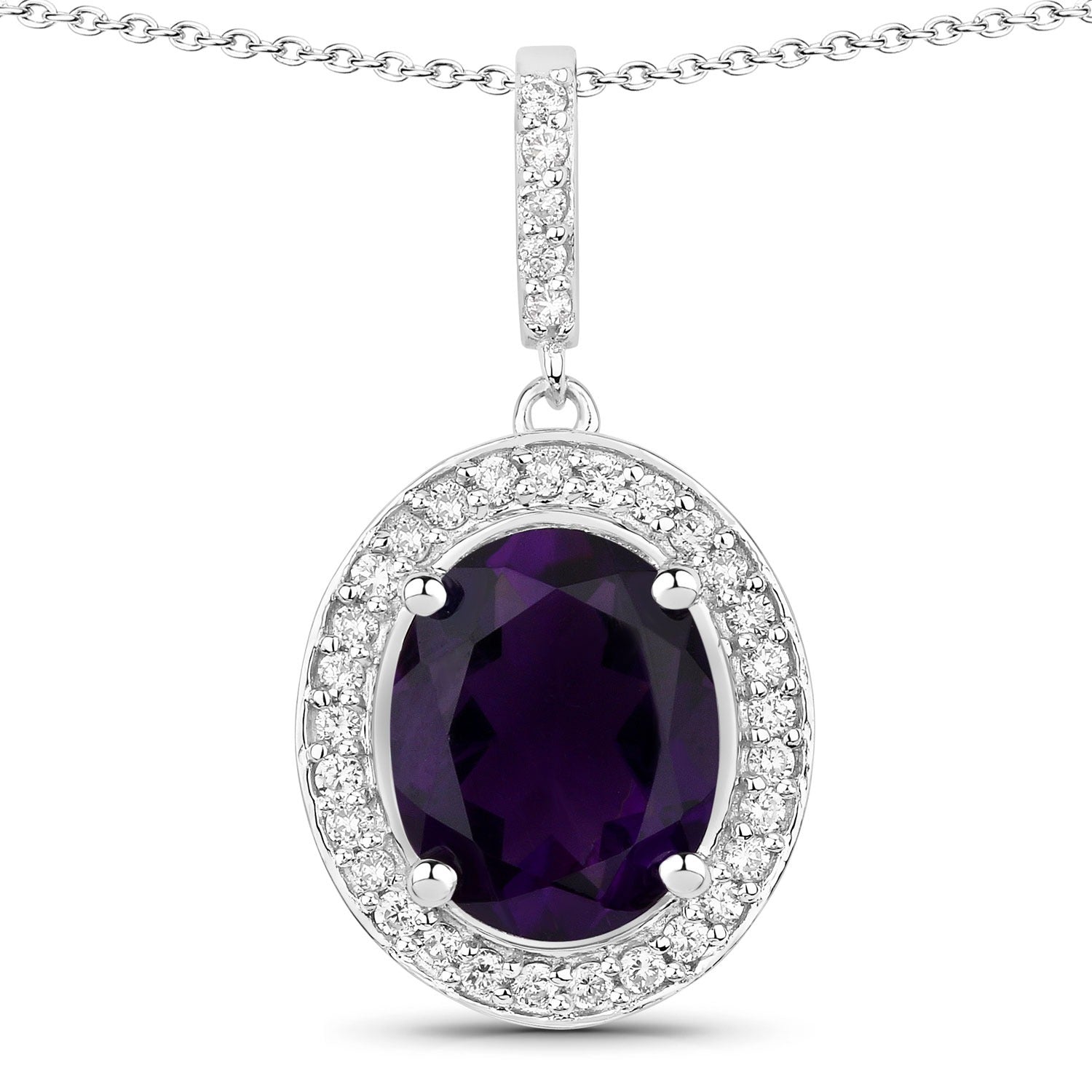 2.46 Ct Genuine Oval Amethyst and Lab Diamond Silver Halo Necklace