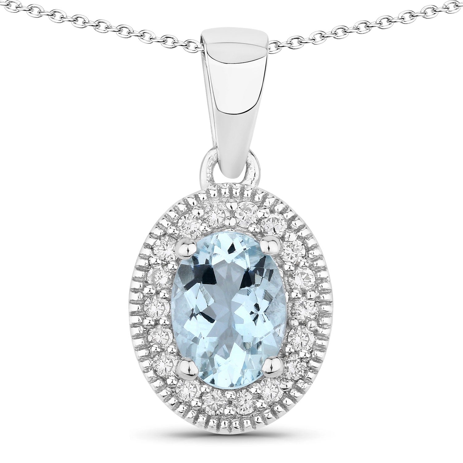 0.74 Ct Genuine Oval Aquamarine and Lab Diamond Silver Halo Necklace