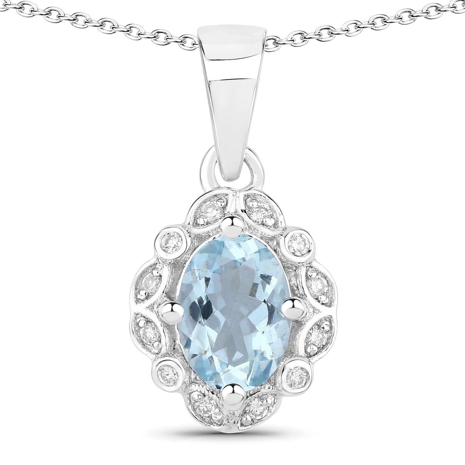 0.66 Ct Genuine Blue Aquamarine and Lab Diamond Silver Halo Necklace
