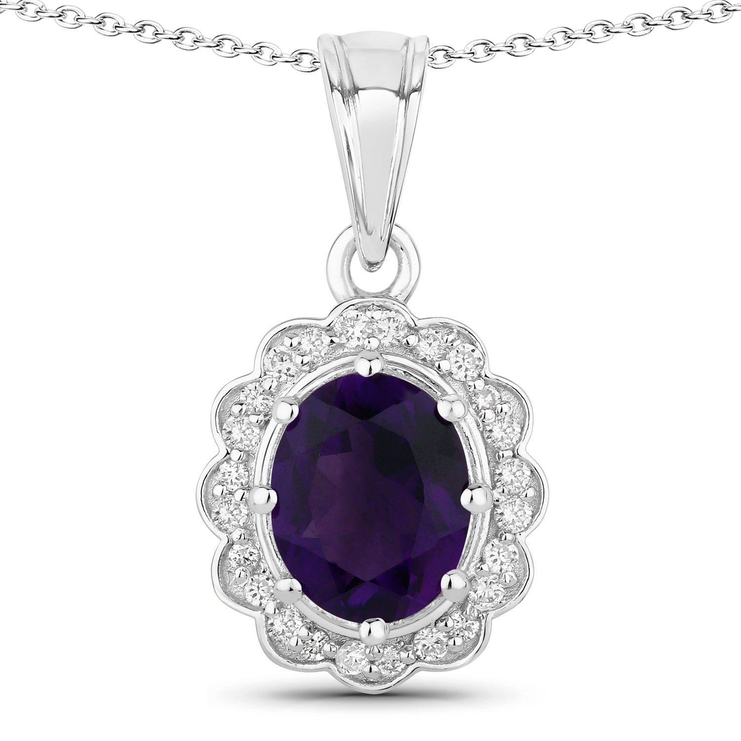 2.44 Ct Genuine Oval Amethyst and Lab Diamond Silver Halo Necklace