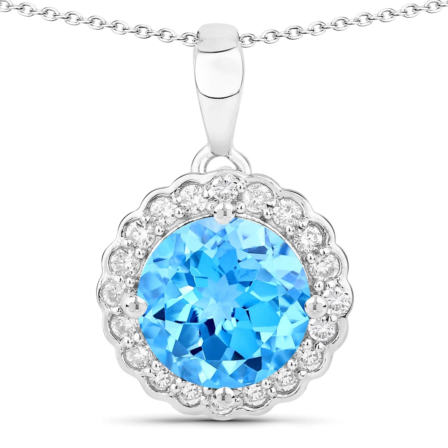 4.05 Ct Genuine Swiss Blue Topaz and Lab Diamond Silver Halo Necklace