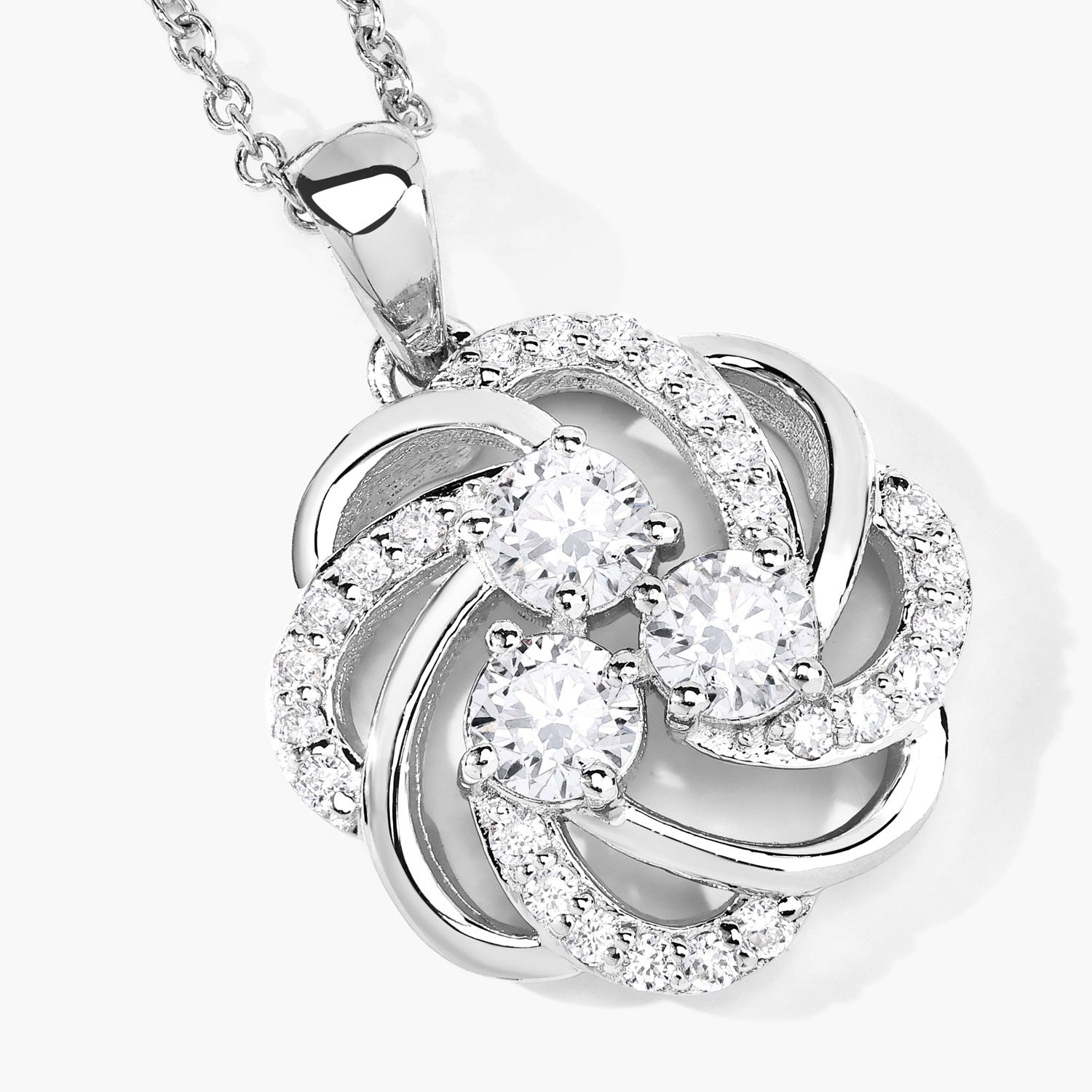 1 Cttw Round Lab Diamond Prong Rhodium Plated Silver Three Stone Swirl Flower Pendant