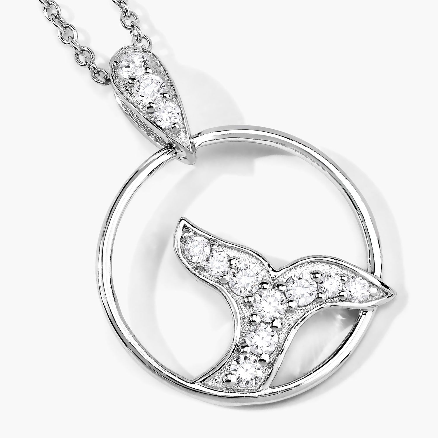 0.34 Cttw Round Lab Diamond Prong Rhodium Plated Silver Whale Tail Circle Pendant