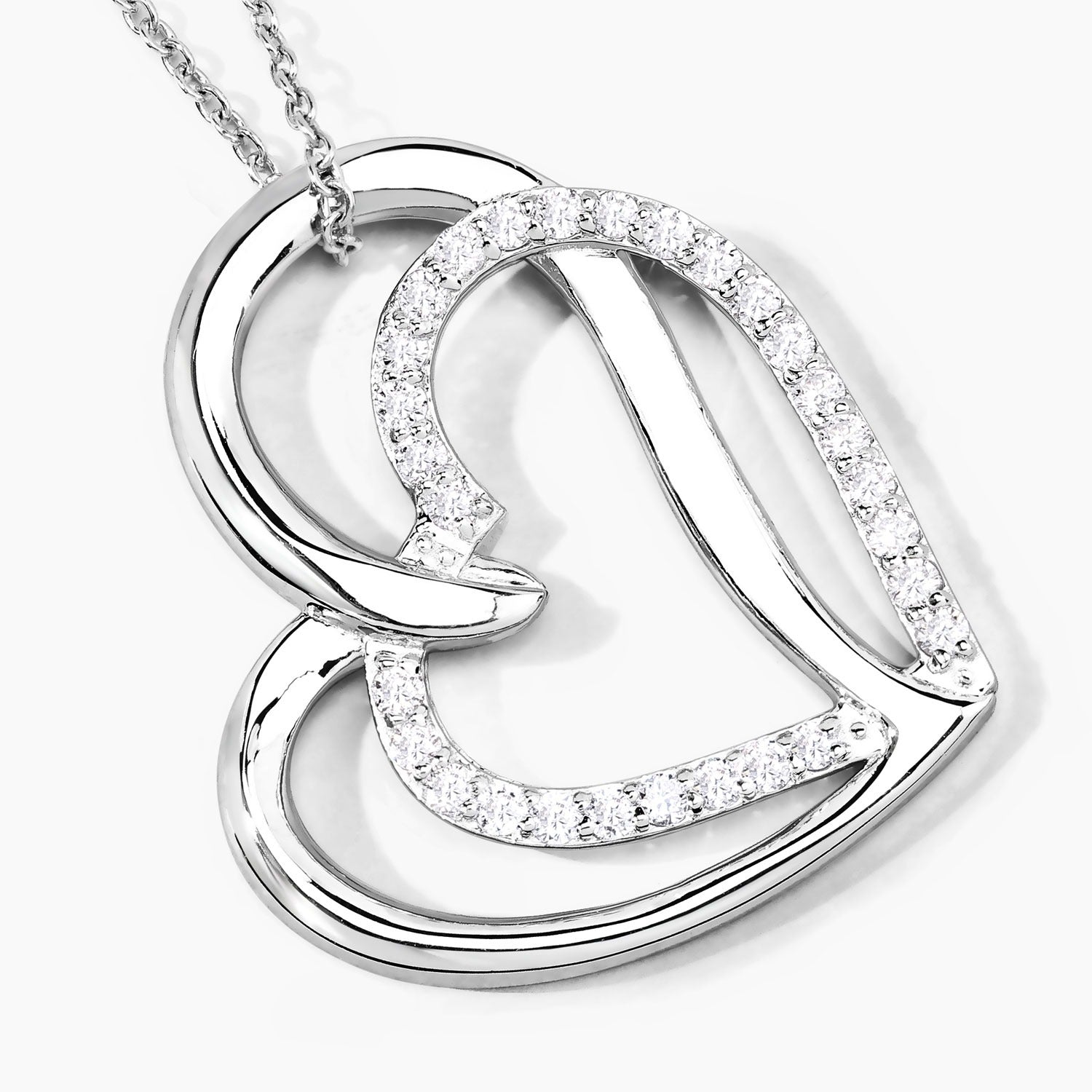 0.52 Cttw Round Lab Diamond Prong Rhodium Plated Silver Intertwined Double Heart Pendant