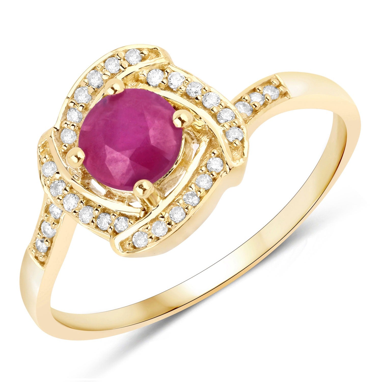 0.63 Ct Round Cut Pink Ruby and White Diamond 14K Yellow Gold Halo Bypass Ring