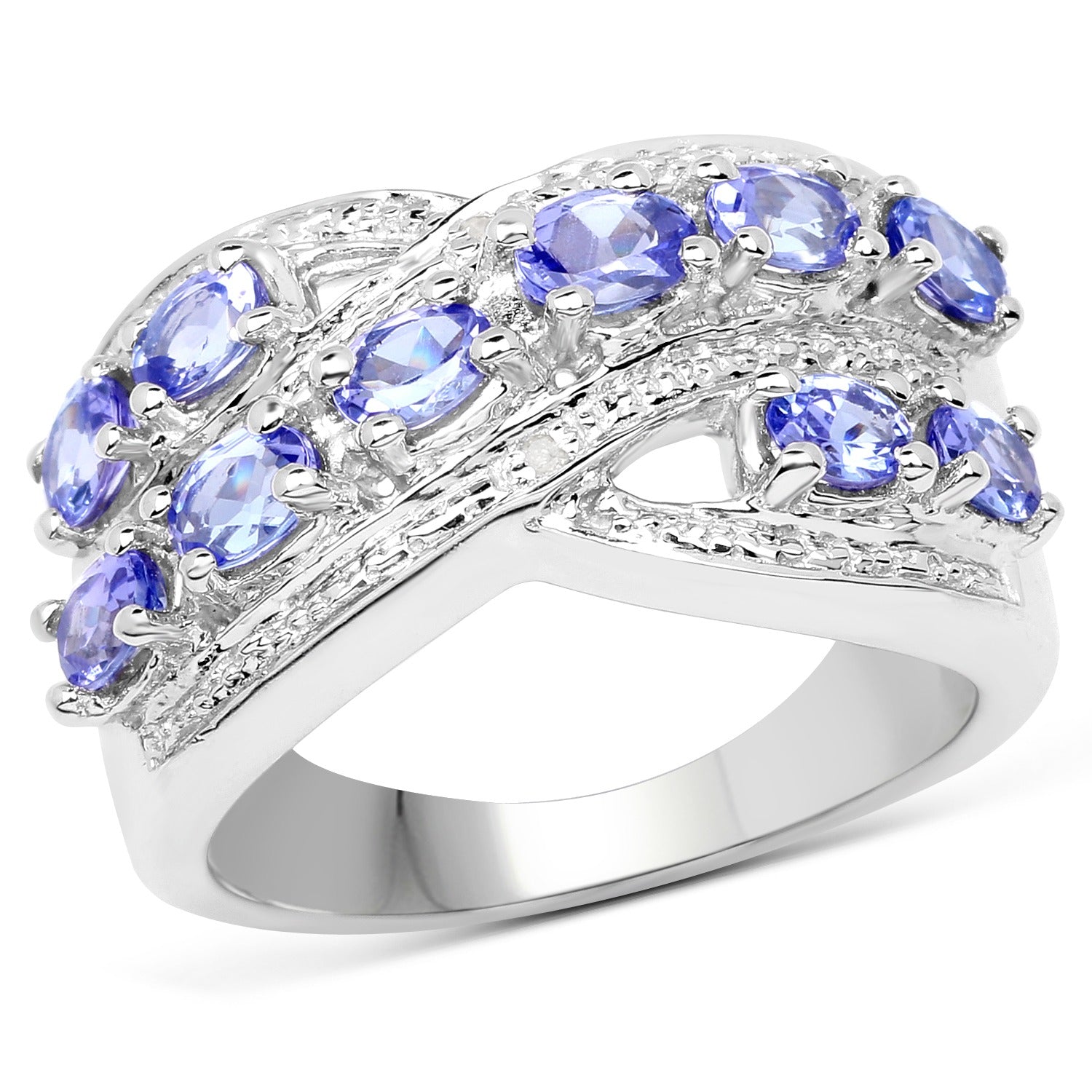 1.70 Ct Oval Violet Tanzanite Diamond Prong Silver Pave Crossover Ring