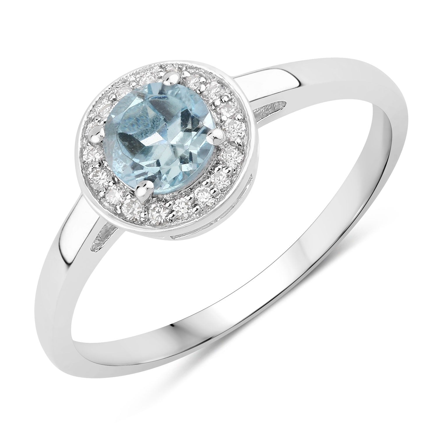 0.47 Ct Genuine Aquamarine and Lab Grown Diamond Silver Halo Ring Fine Color Jewels