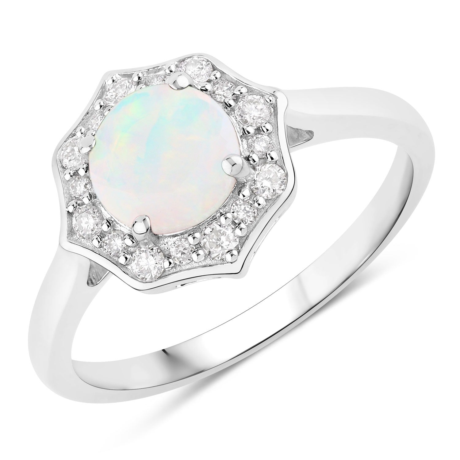 0.77 Ct Genuine Ethiopian Opal and Lab Diamond Sterling Silver Halo Ring Fine Color Jewels