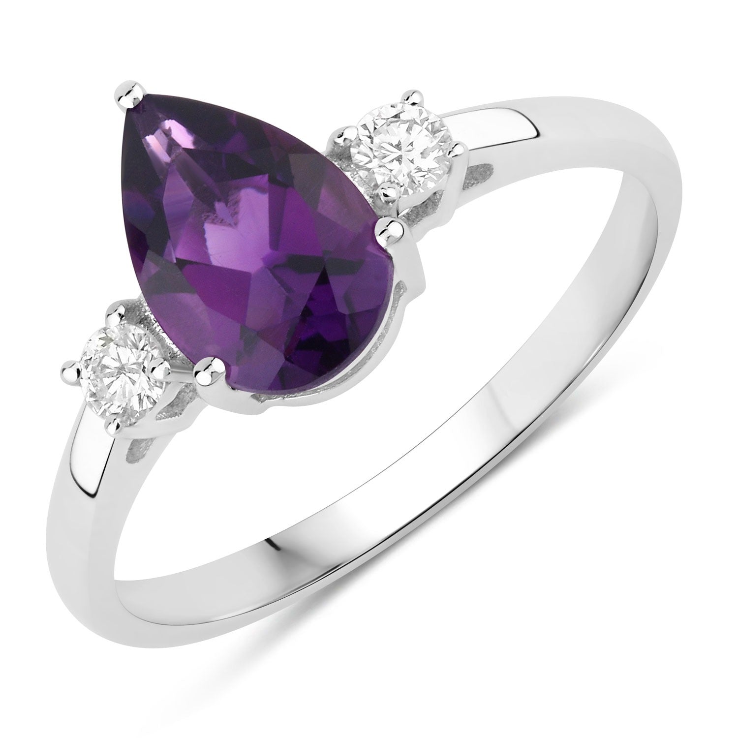 1.27 Carat Genuine Pear Shaped Purple Amethyst and Lab Diamond Silver 3 Stone Ring Fine Color Jewels