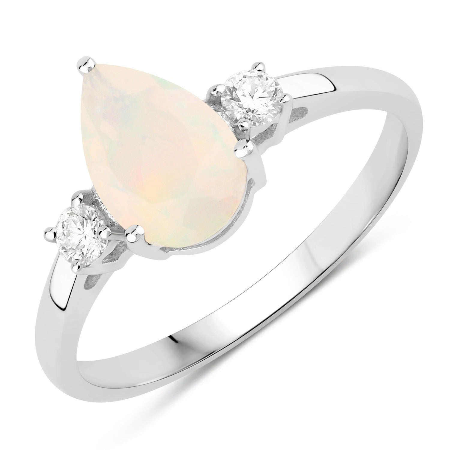 1.02 Ct Genuine Pear Shaped Ethiopian Opal and Lab Diamond Silver 3 Stone Ring Fine Color Jewels