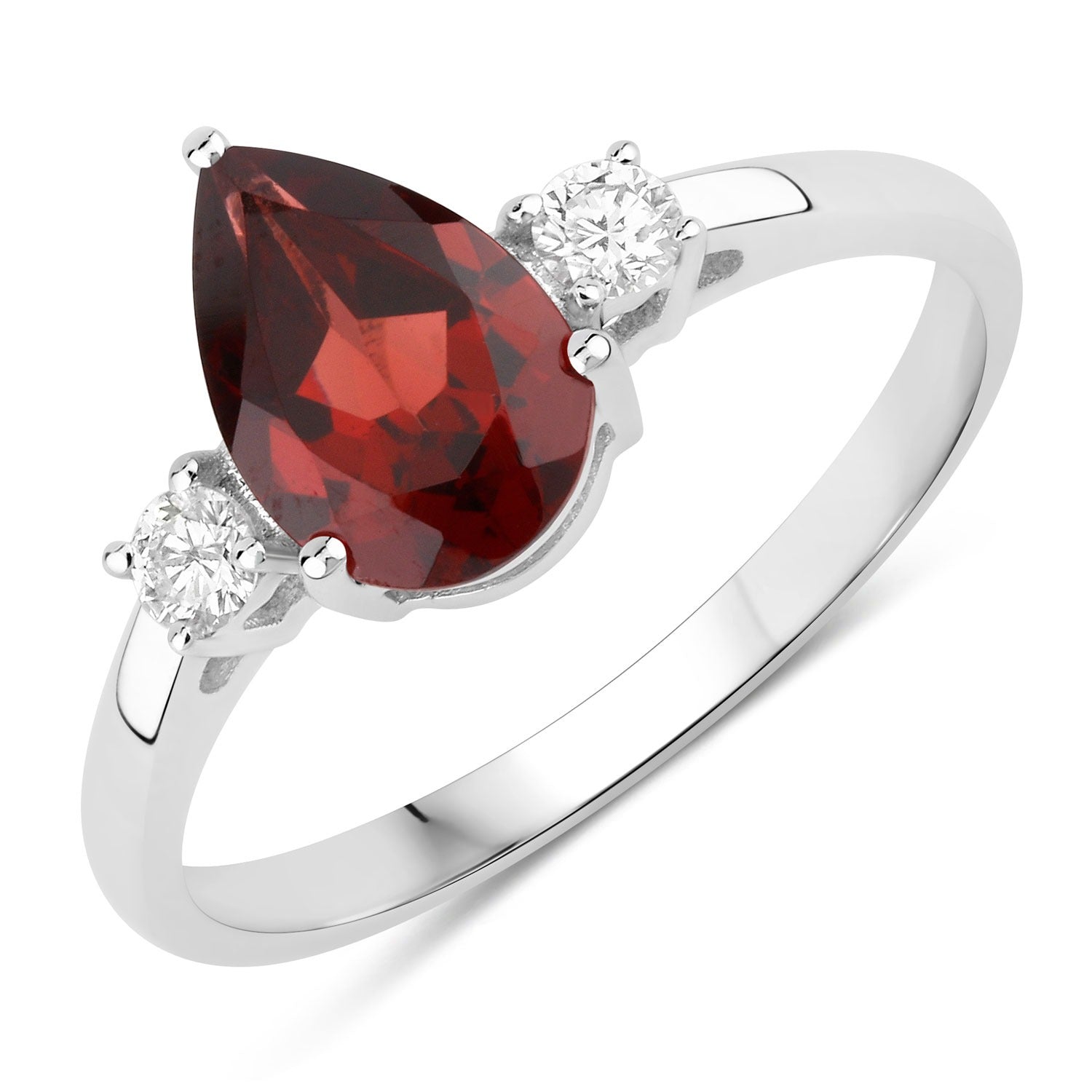 1.42 Ct Genuine Pear Shaped Mozambique Garnet and Lab Diamond Silver 3 Stone Ring Fine Color Jewels