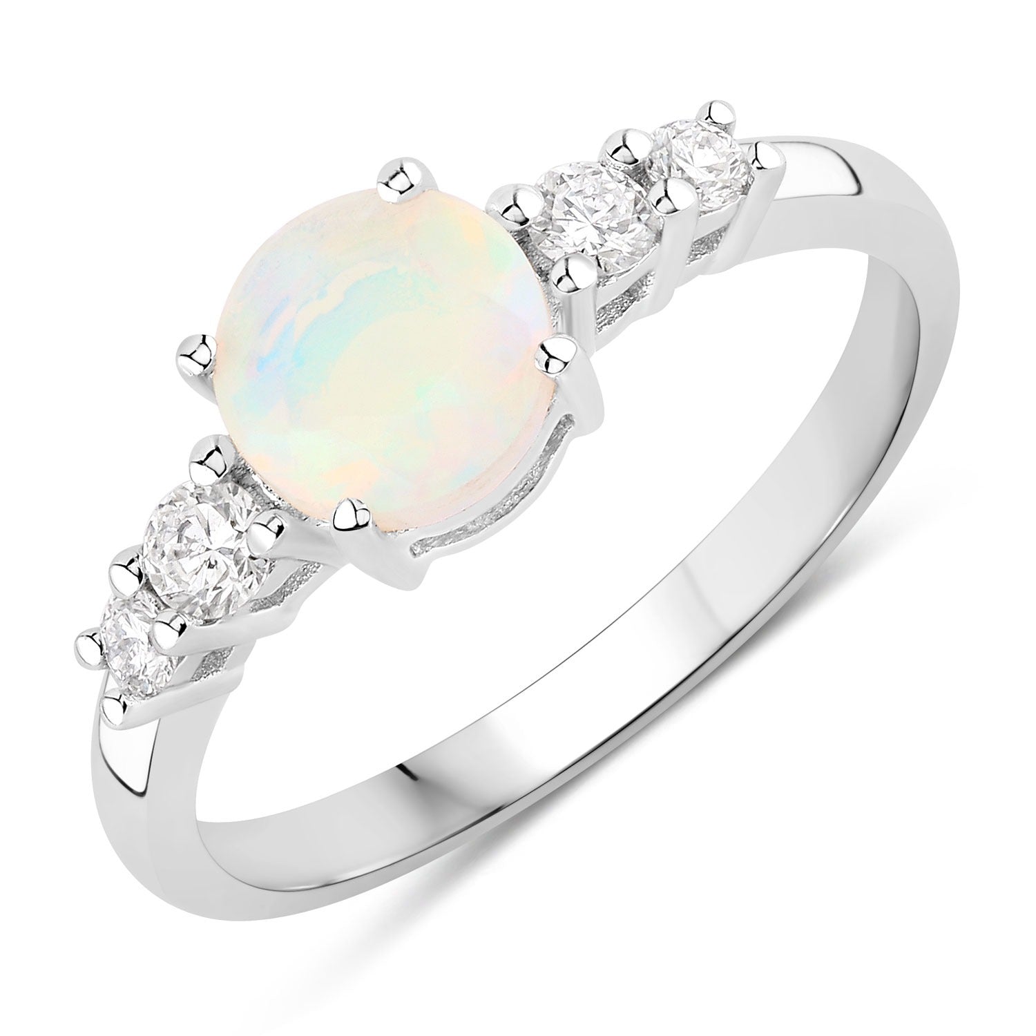 0.79 Ct Genuine Ethiopian Opal and Lab Diamond Silver 5 Stone Ring Fine Color Jewels