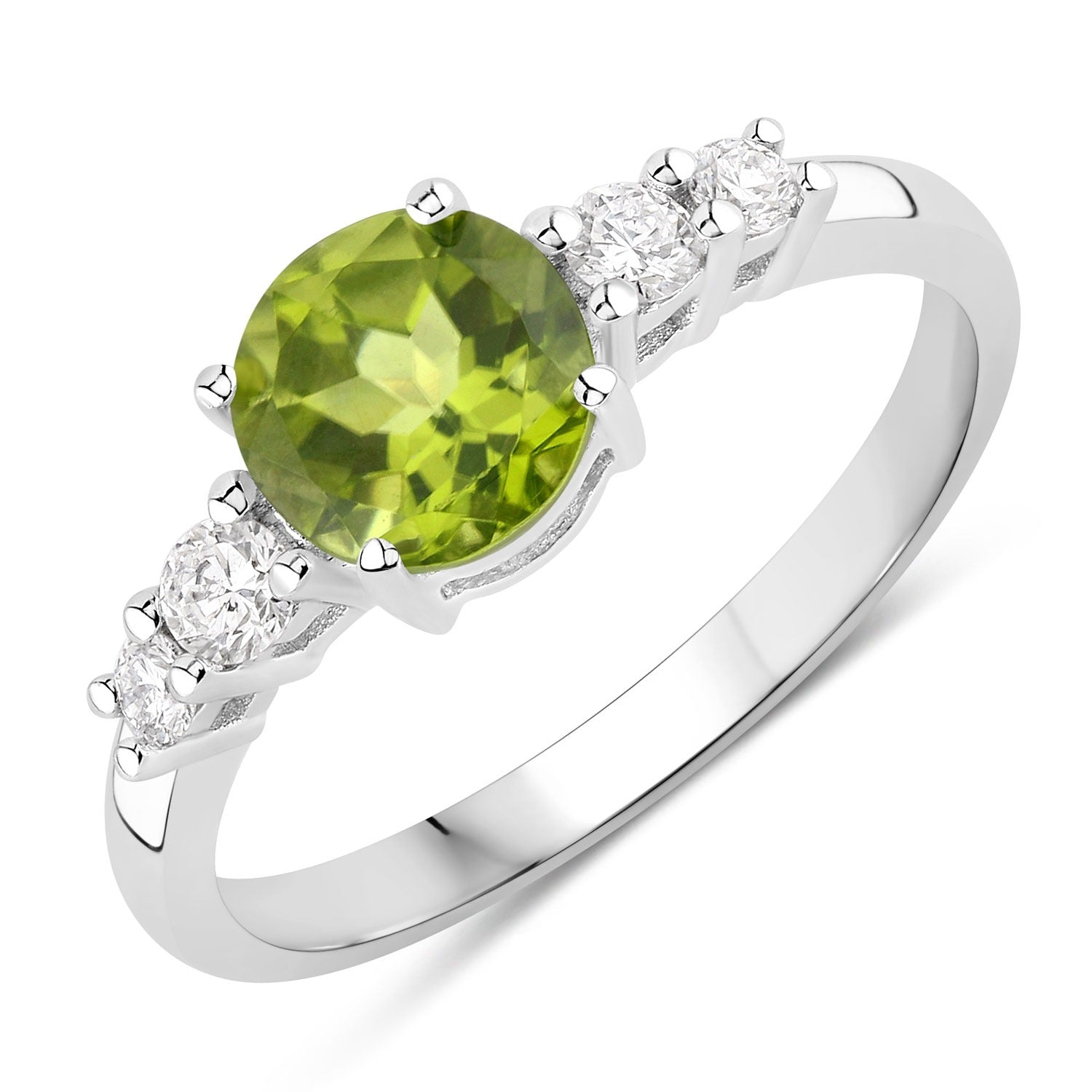 1.29 Ct Genuine Peridot and Lab Diamond Silver 5 Stone Ring Fine Color Jewels