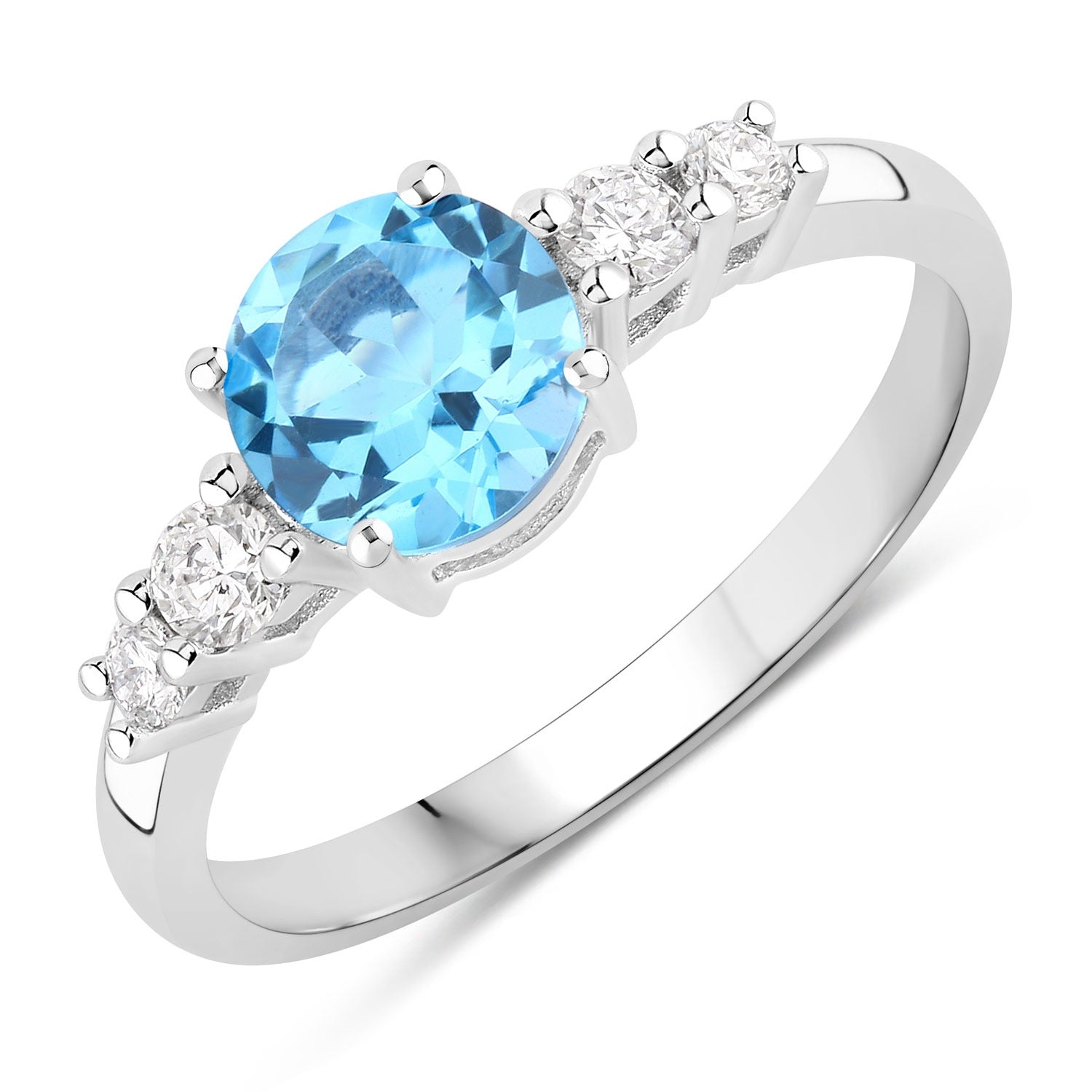 1.39 Ct Genuine Swiss Blue Topaz and Lab Diamond Silver 5 Stone Ring Fine Color Jewels