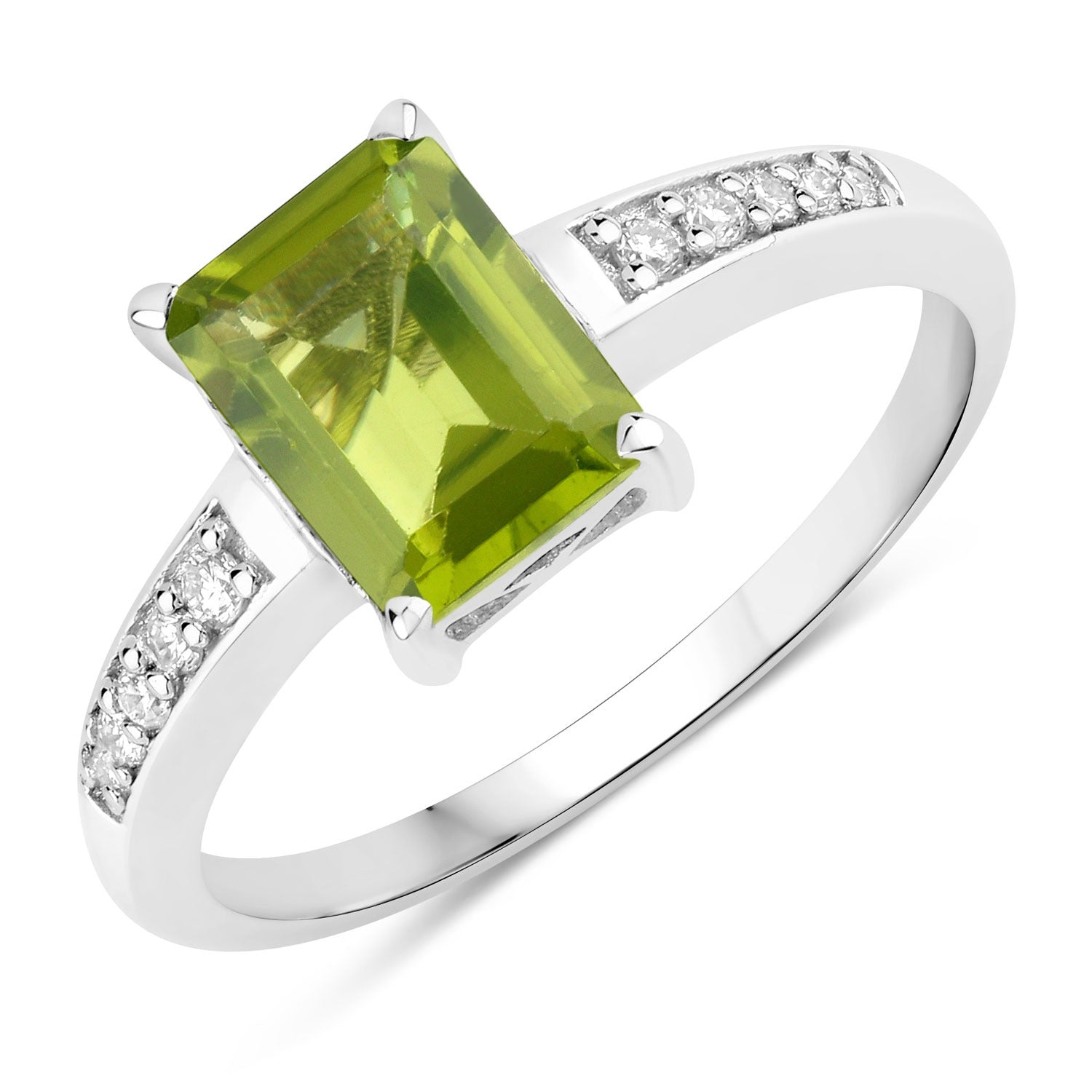 1.69 Ct Genuine Peridot and Lab Diamond Silver Octagon Bridge Ring Fine Color Jewels