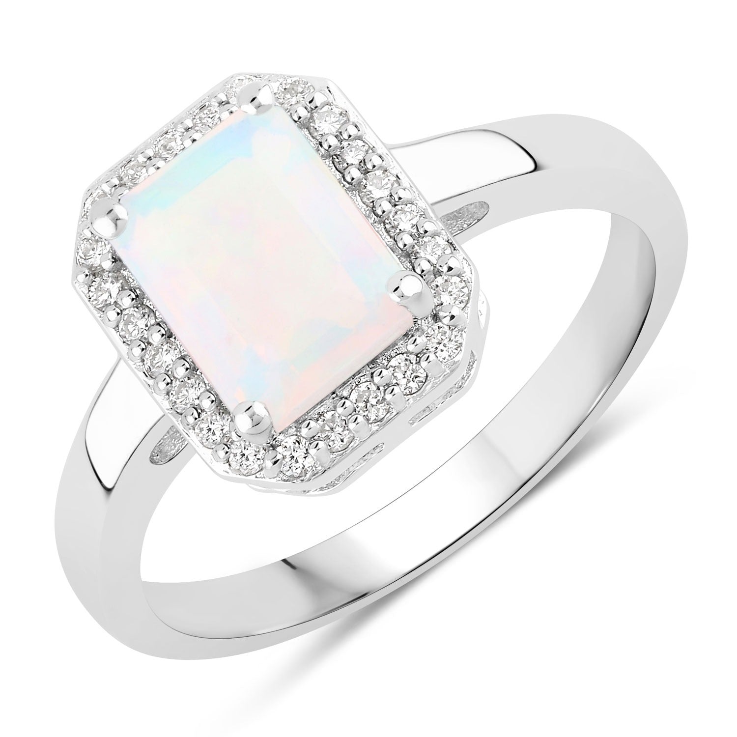 1.23 Ct Genuine Ethiopian Opal and Lab Diamond Octagon Silver Halo Octagon Ring Fine Color Jewels
