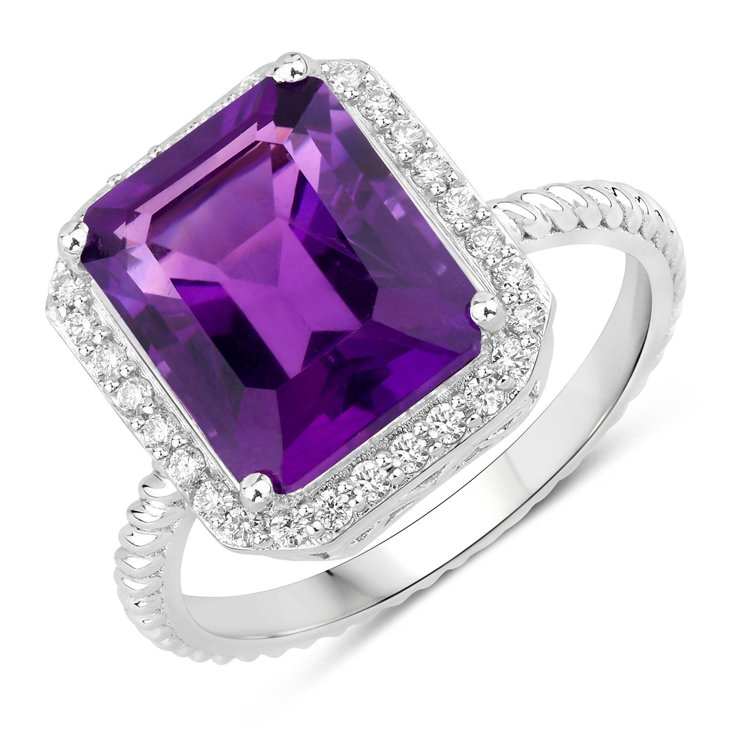 4.03 Ct Genuine Purple Amethyst and Lab Diamond Silver Halo Statement Ring Fine Color Jewels