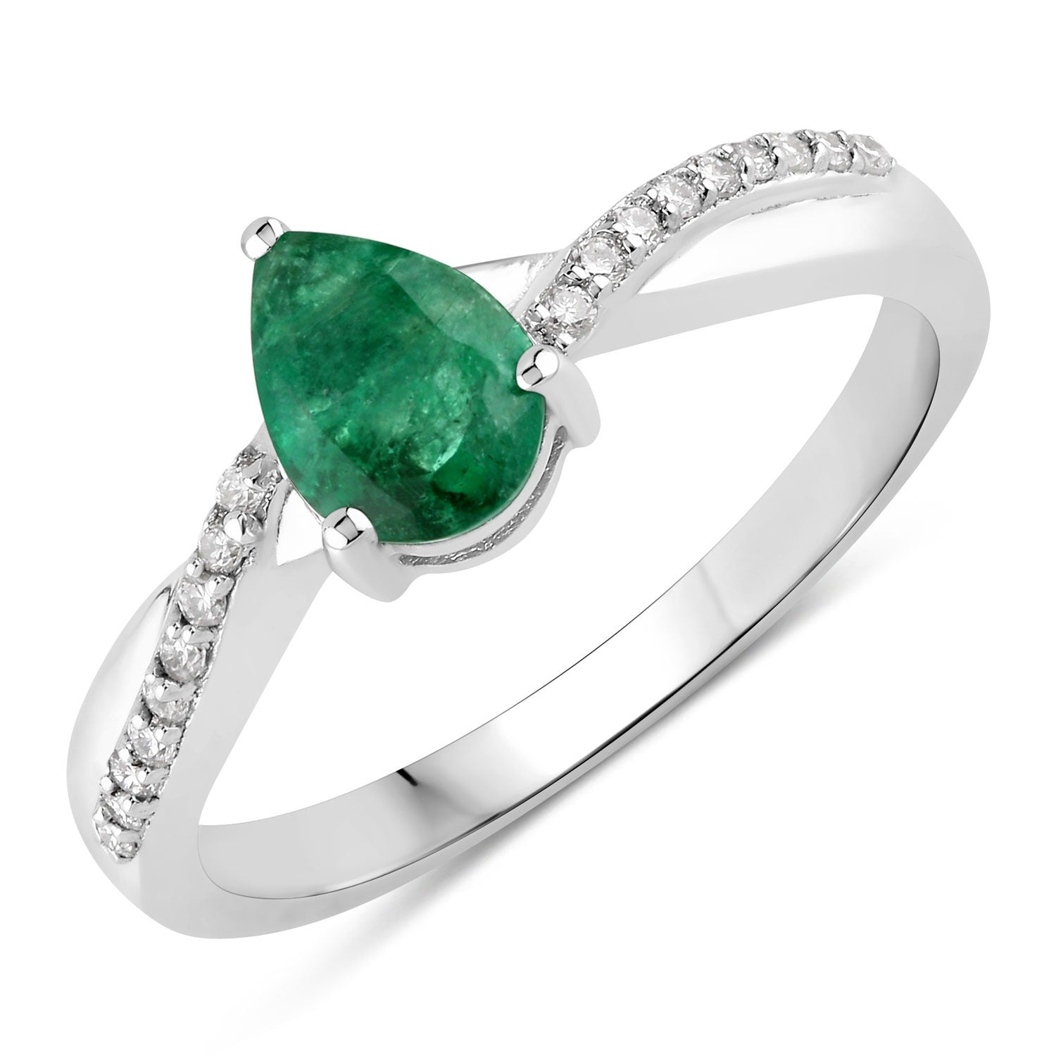 0.79 Ct Genuine Pear Zambian Emerald and Lab Diamond Silver Crossover Ring Fine Color Jewels