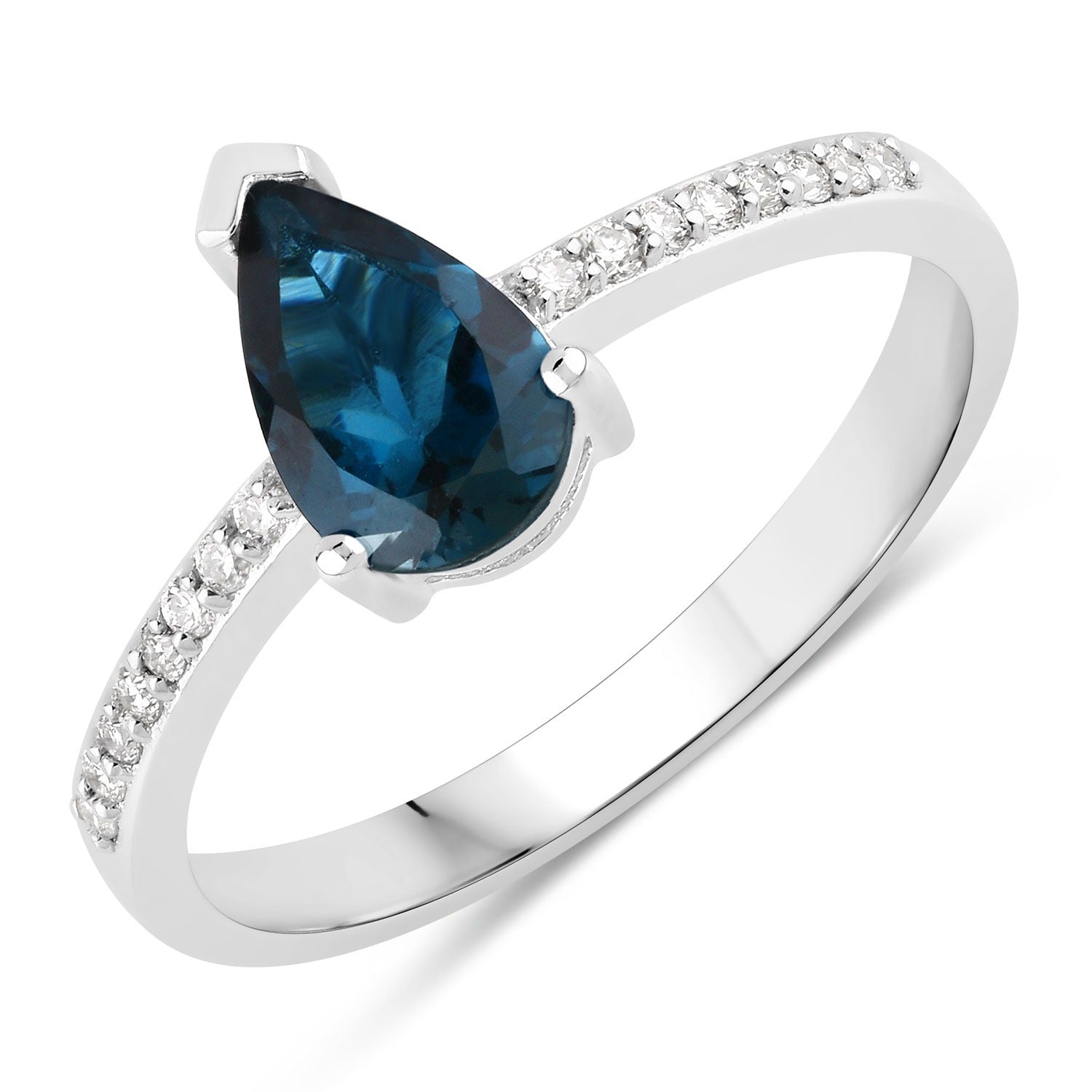 1.10 Ct Genuine London Blue Topaz Lab Diamond Sterling Silver Teardrop Ring