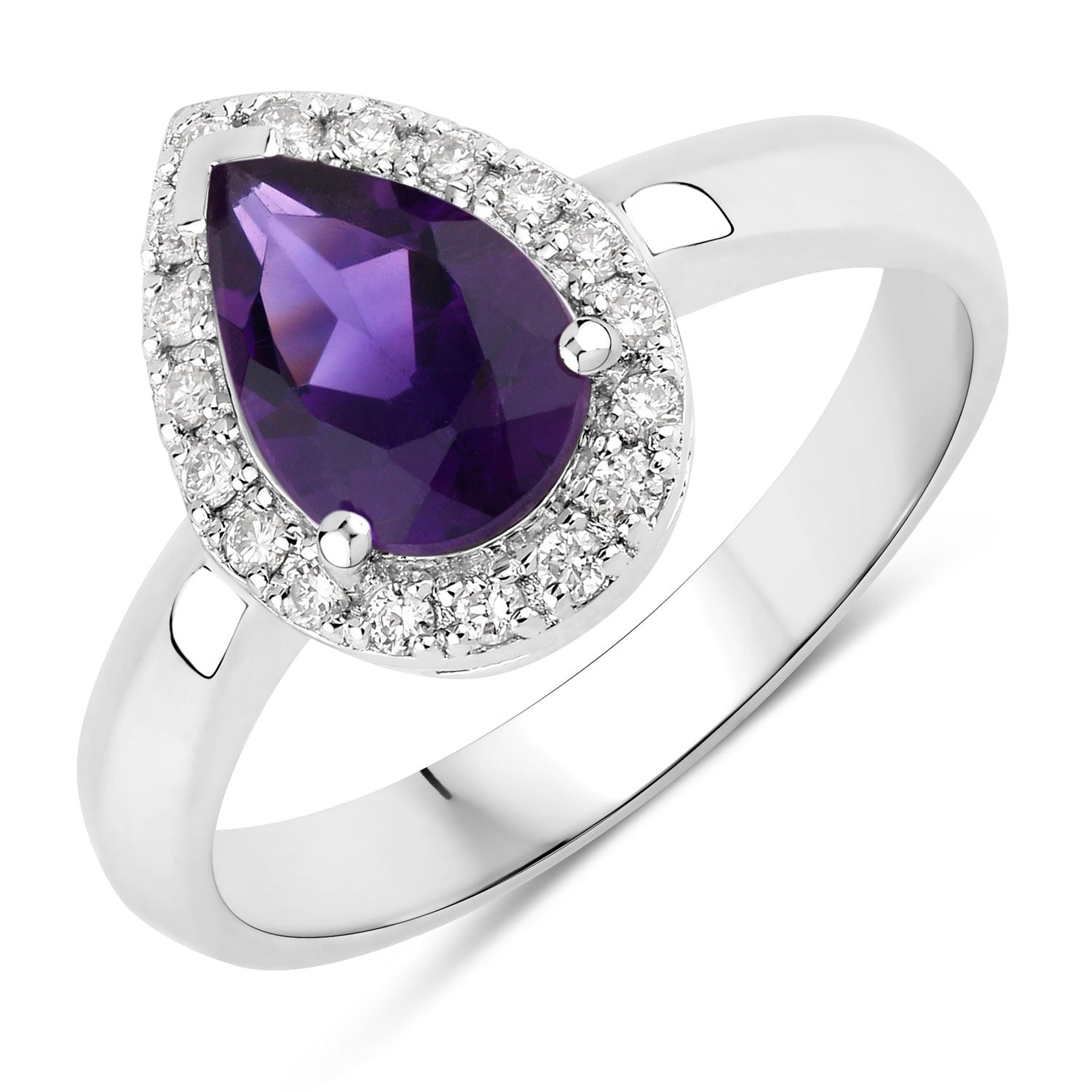 1.33 Ct Genuine Amethyst and Lab Grown Diamond Silver Teardrop Ring